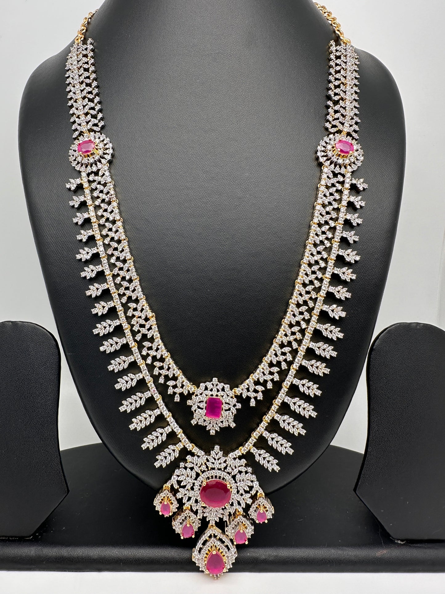 AD Diamond Finish Ruby Double Layer Long Necklace