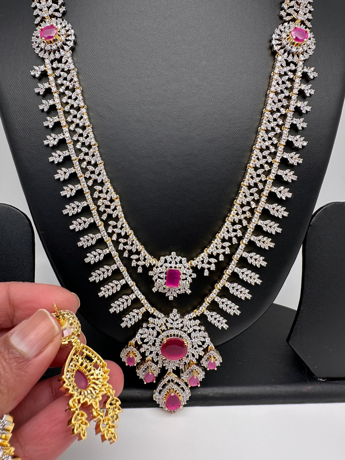 AD Diamond Finish Ruby Double Layer Long Necklace