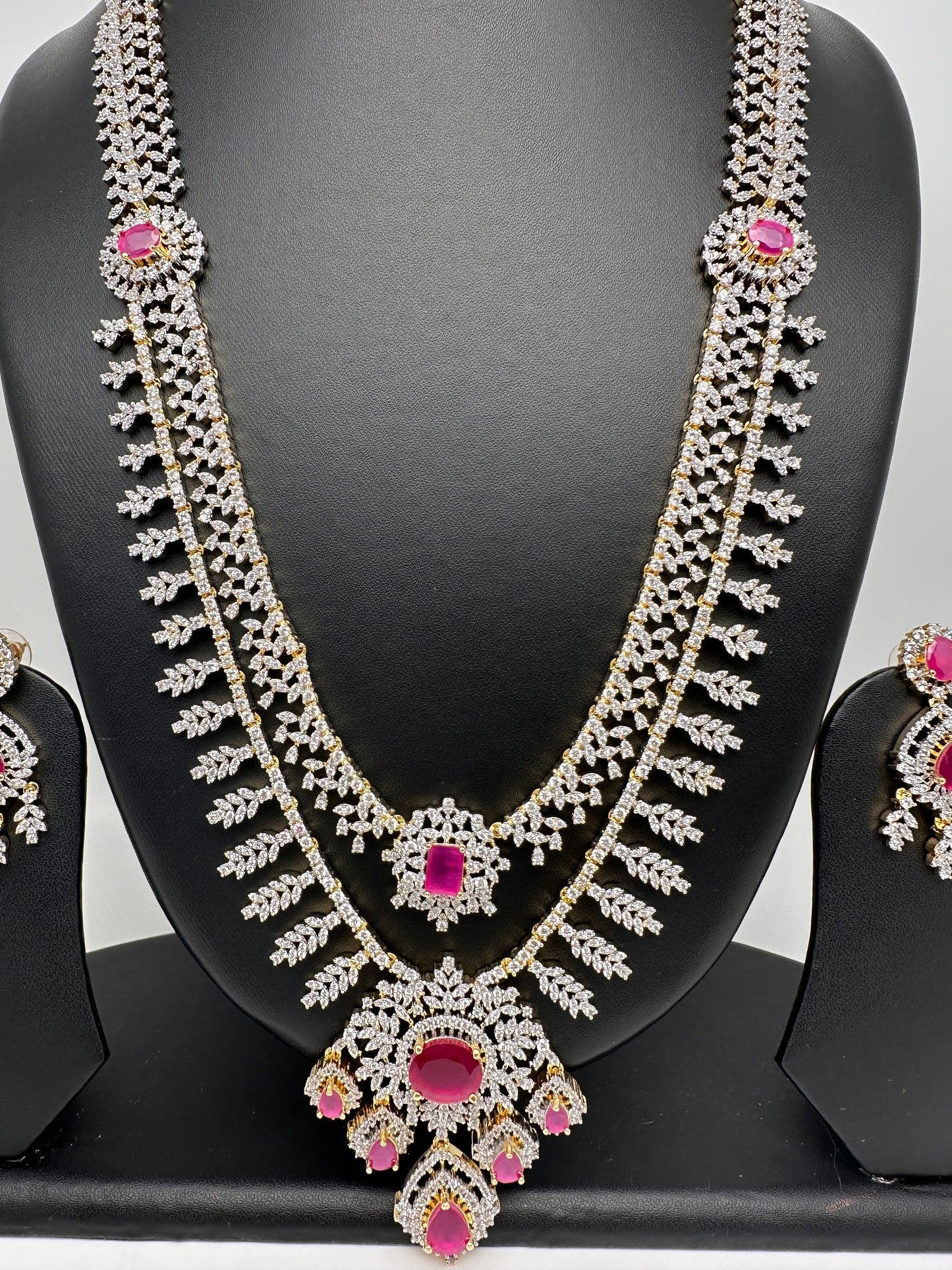 AD Diamond Finish Ruby Double Layer Long Necklace