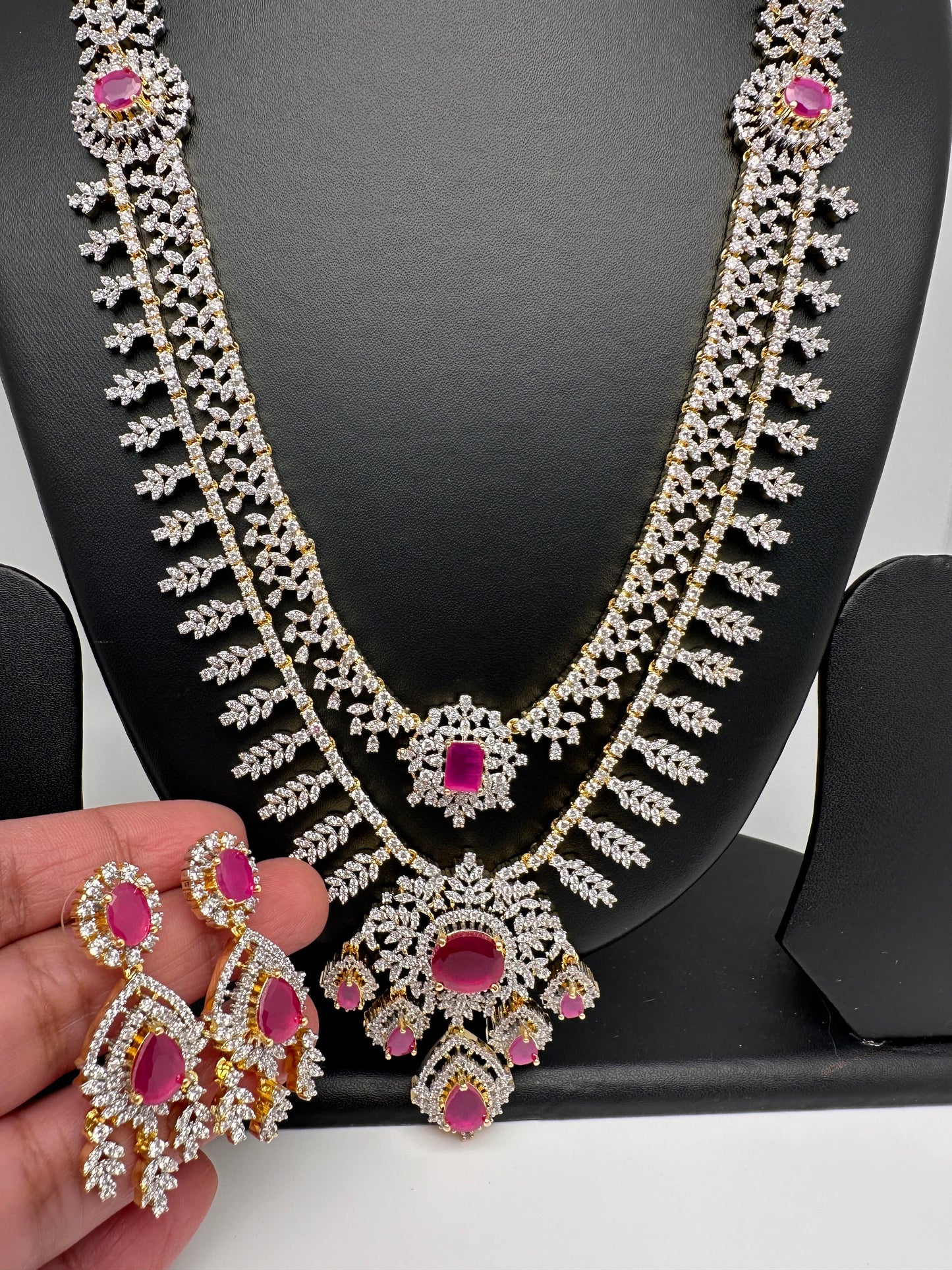 AD Diamond Finish Ruby Double Layer Long Necklace