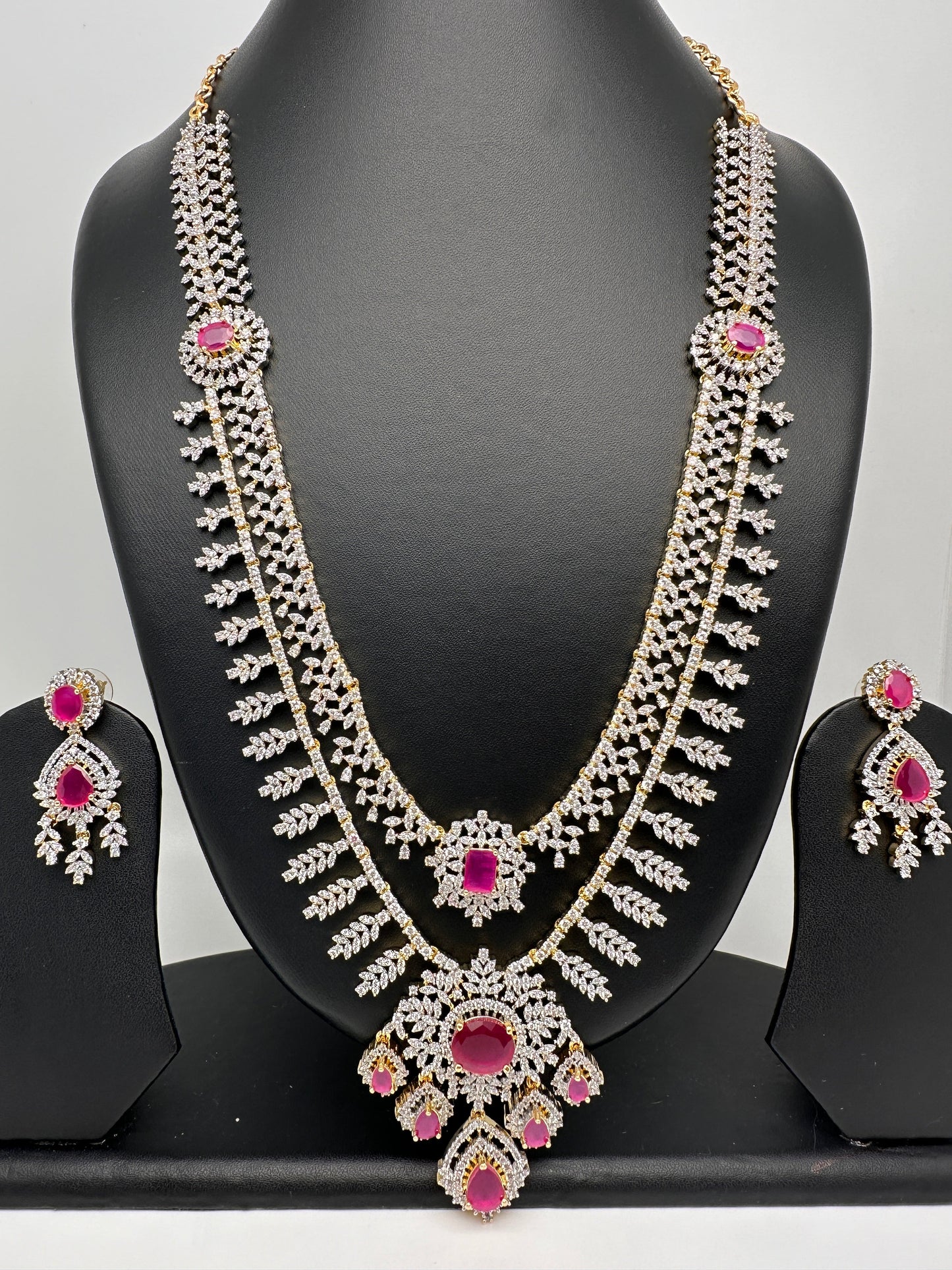 AD Diamond Finish Ruby Double Layer Long Necklace