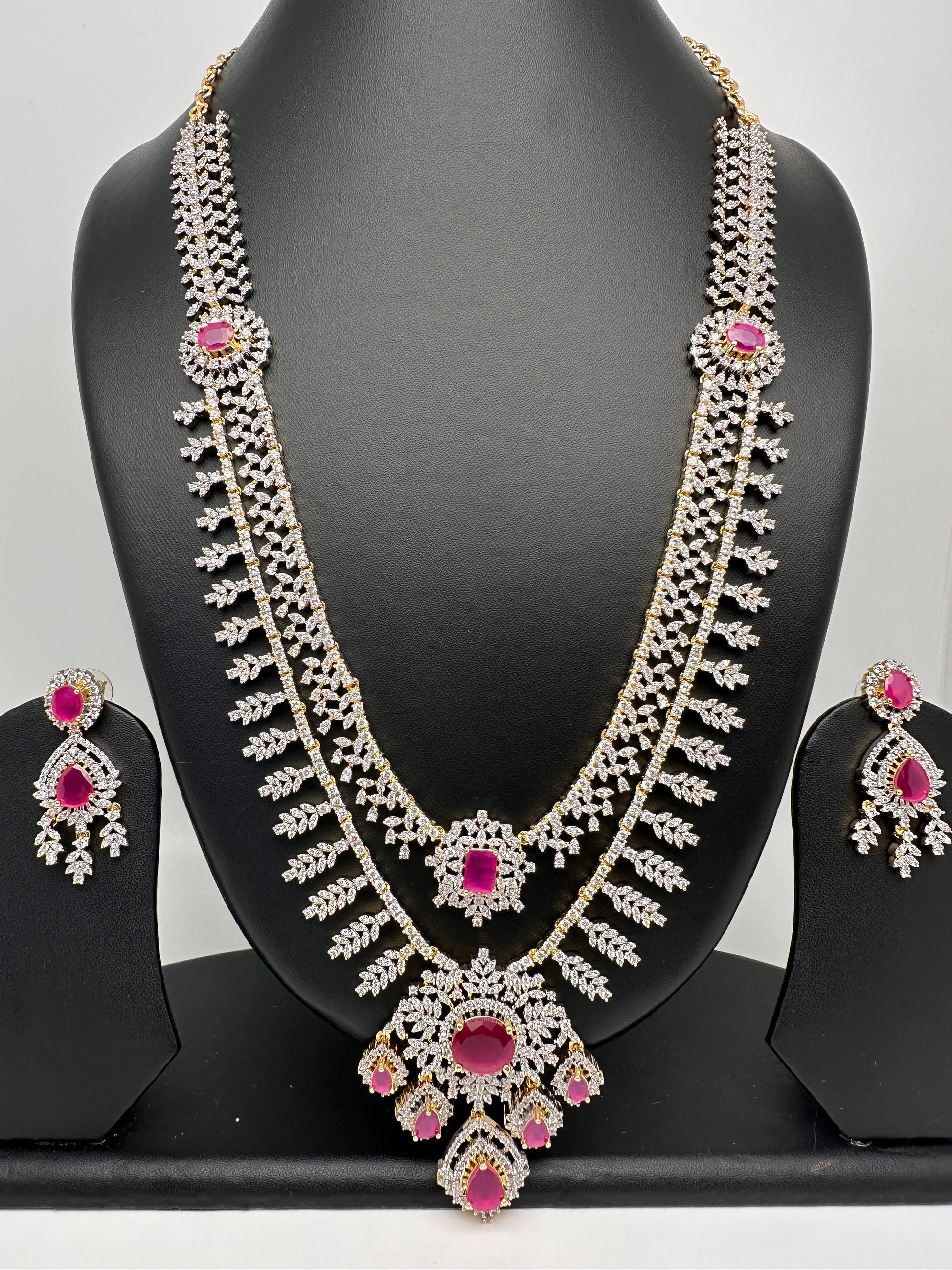AD Diamond Finish Ruby Double Layer Long Necklace