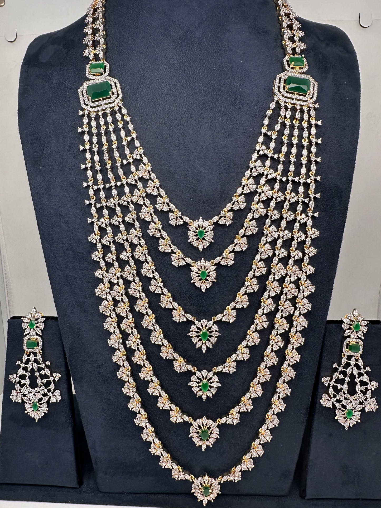 AD Diamond Finish Emerald Green Multi Six Layer Long  Necklace