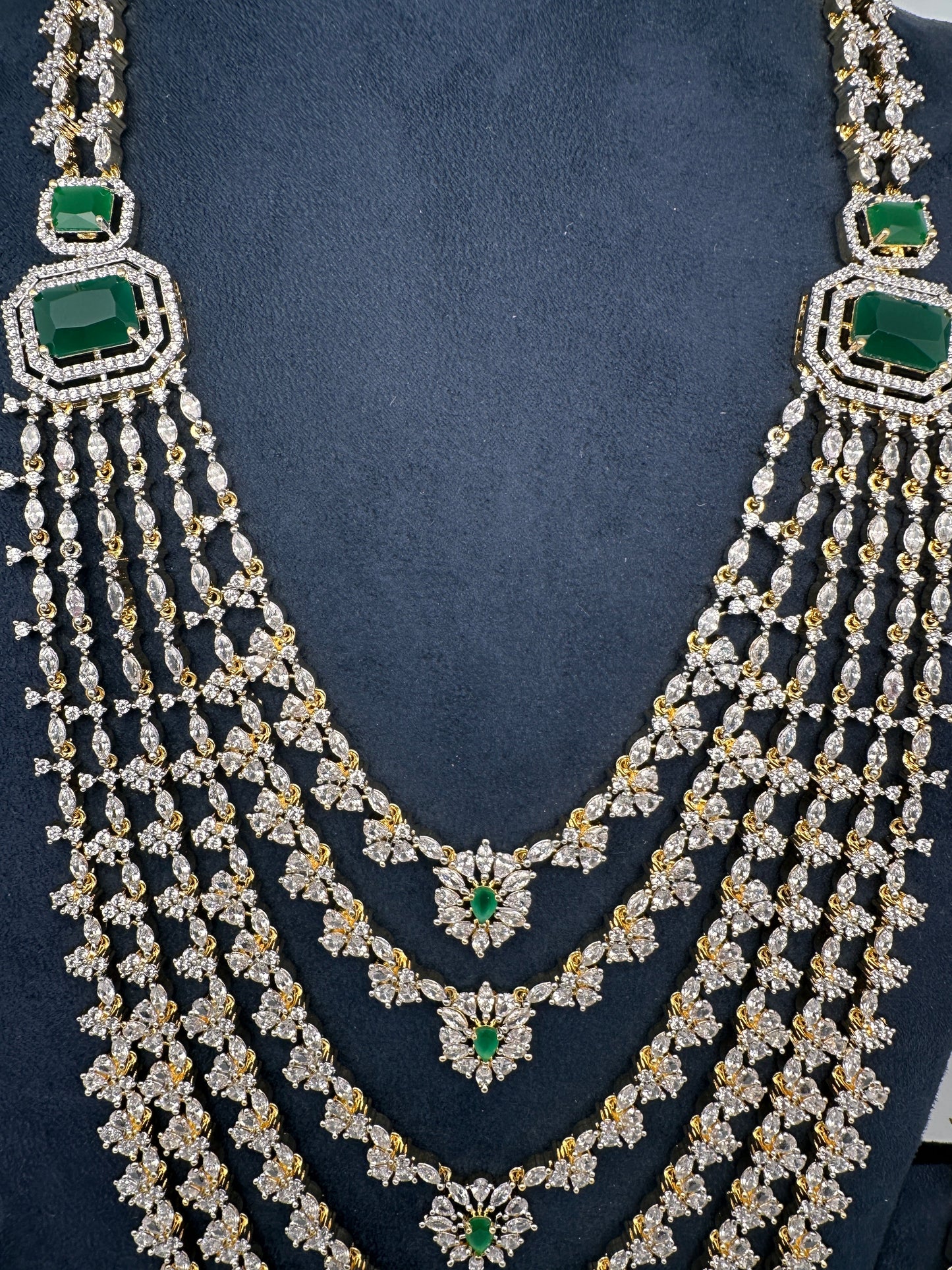AD Diamond Finish Emerald Green Multi Six Layer Long  Necklace