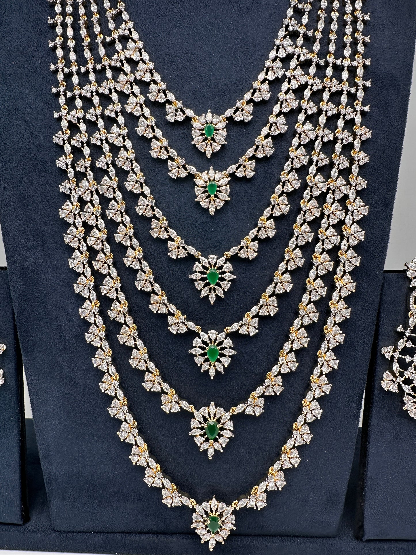 AD Diamond Finish Emerald Green Multi Six Layer Long  Necklace