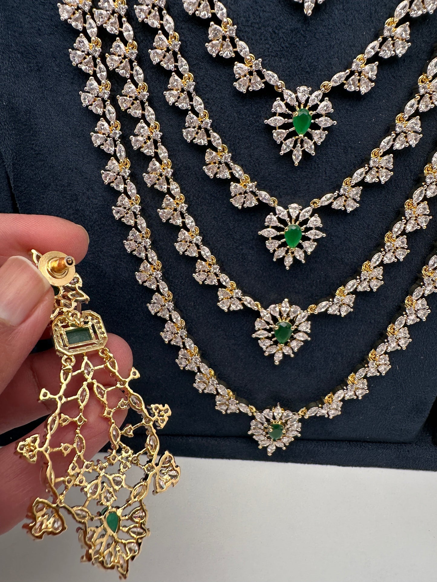 AD Diamond Finish Emerald Green Multi Six Layer Long  Necklace
