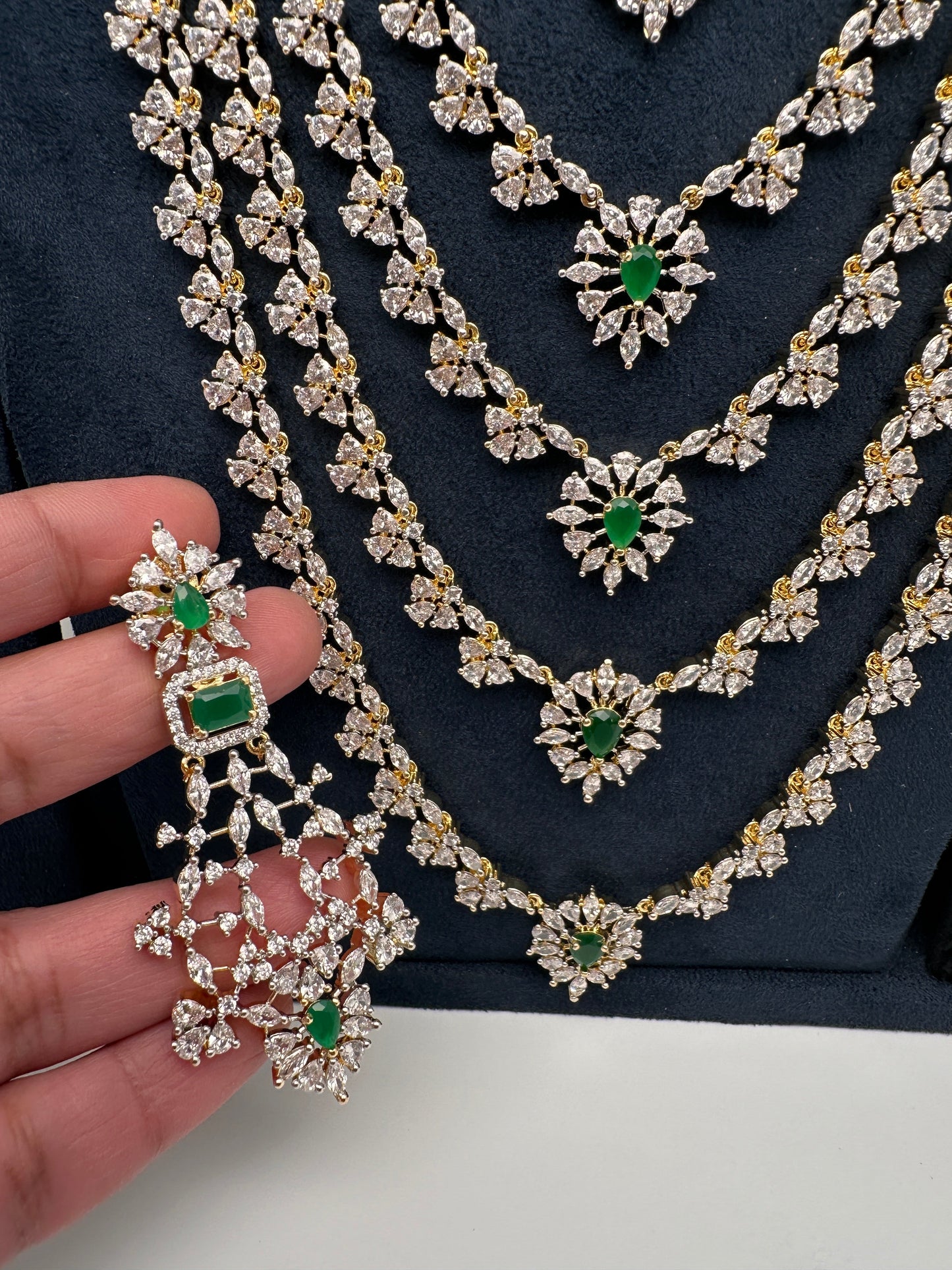 AD Diamond Finish Emerald Green Multi Six Layer Long  Necklace
