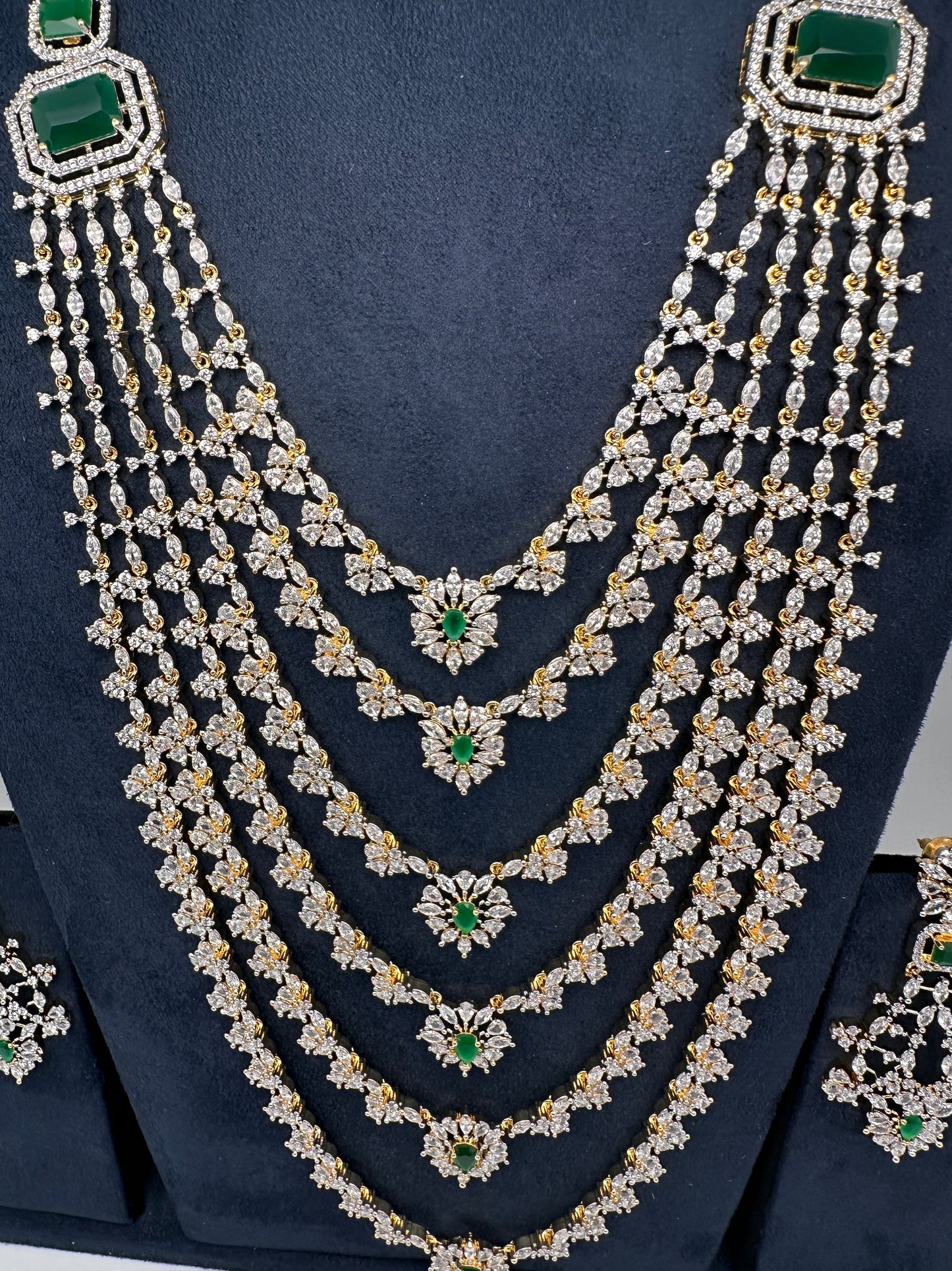 AD Diamond Finish Emerald Green Multi Six Layer Long  Necklace