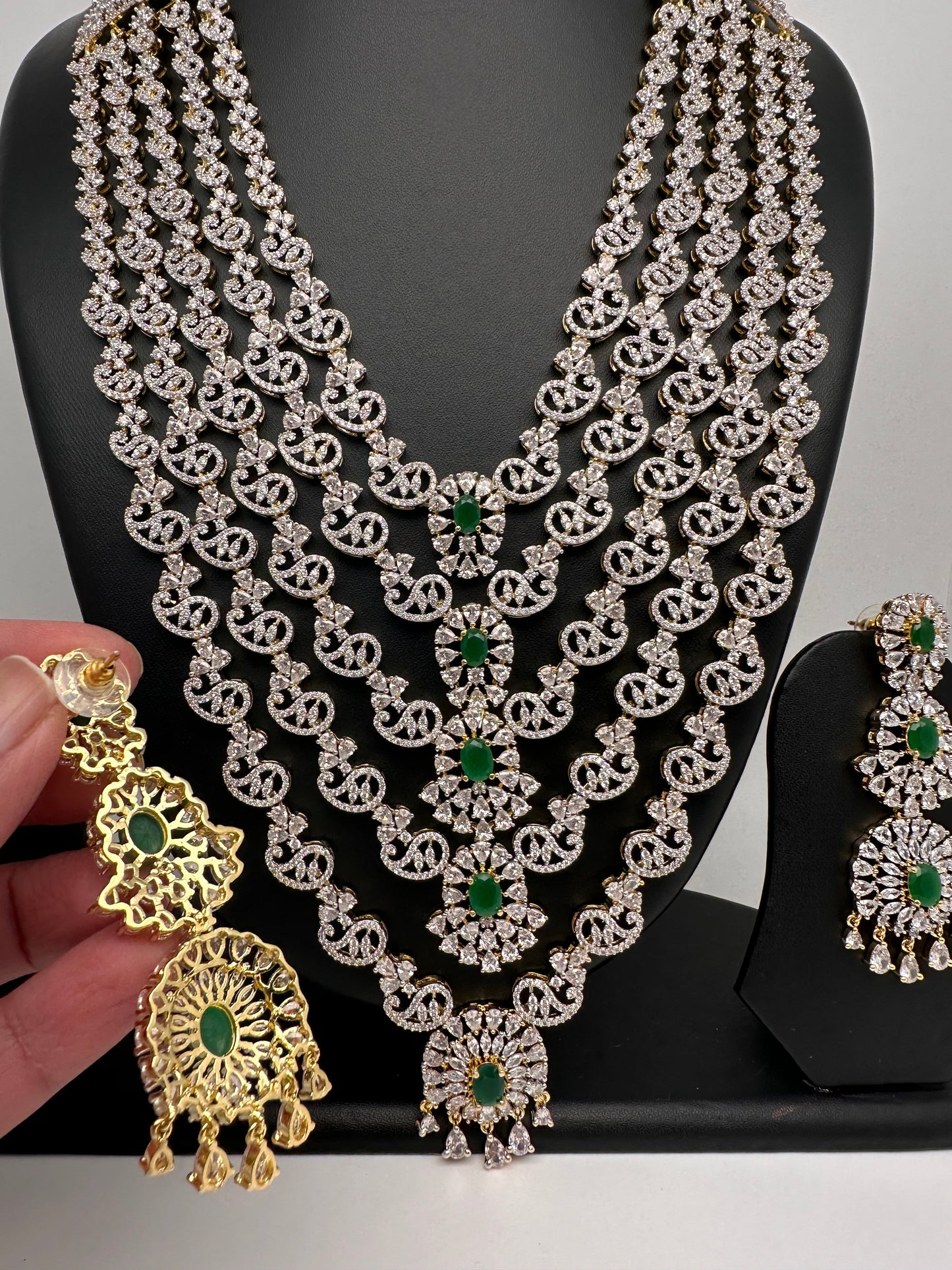 AD Diamond Finish Emerald Green Panch Lada Long  Necklace