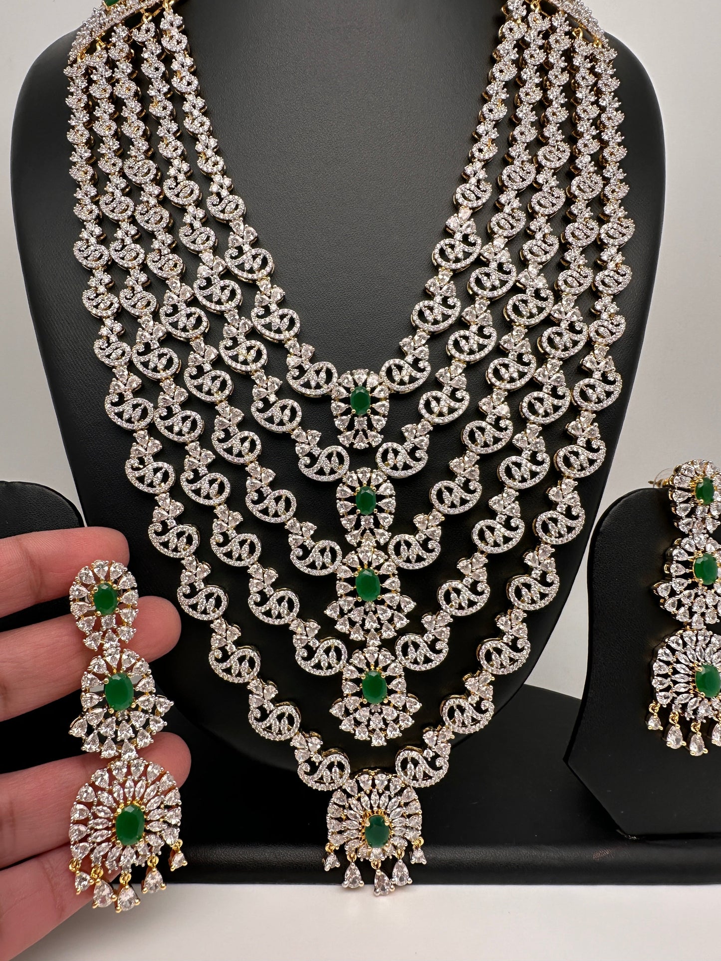 AD Diamond Finish Emerald Green Panch Lada Long  Necklace