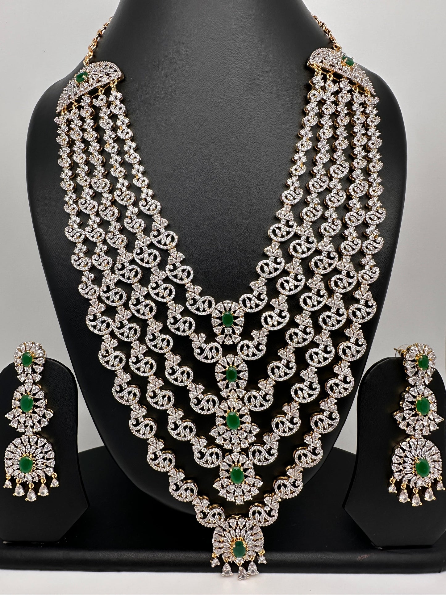 AD Diamond Finish Emerald Green Panch Lada Long  Necklace