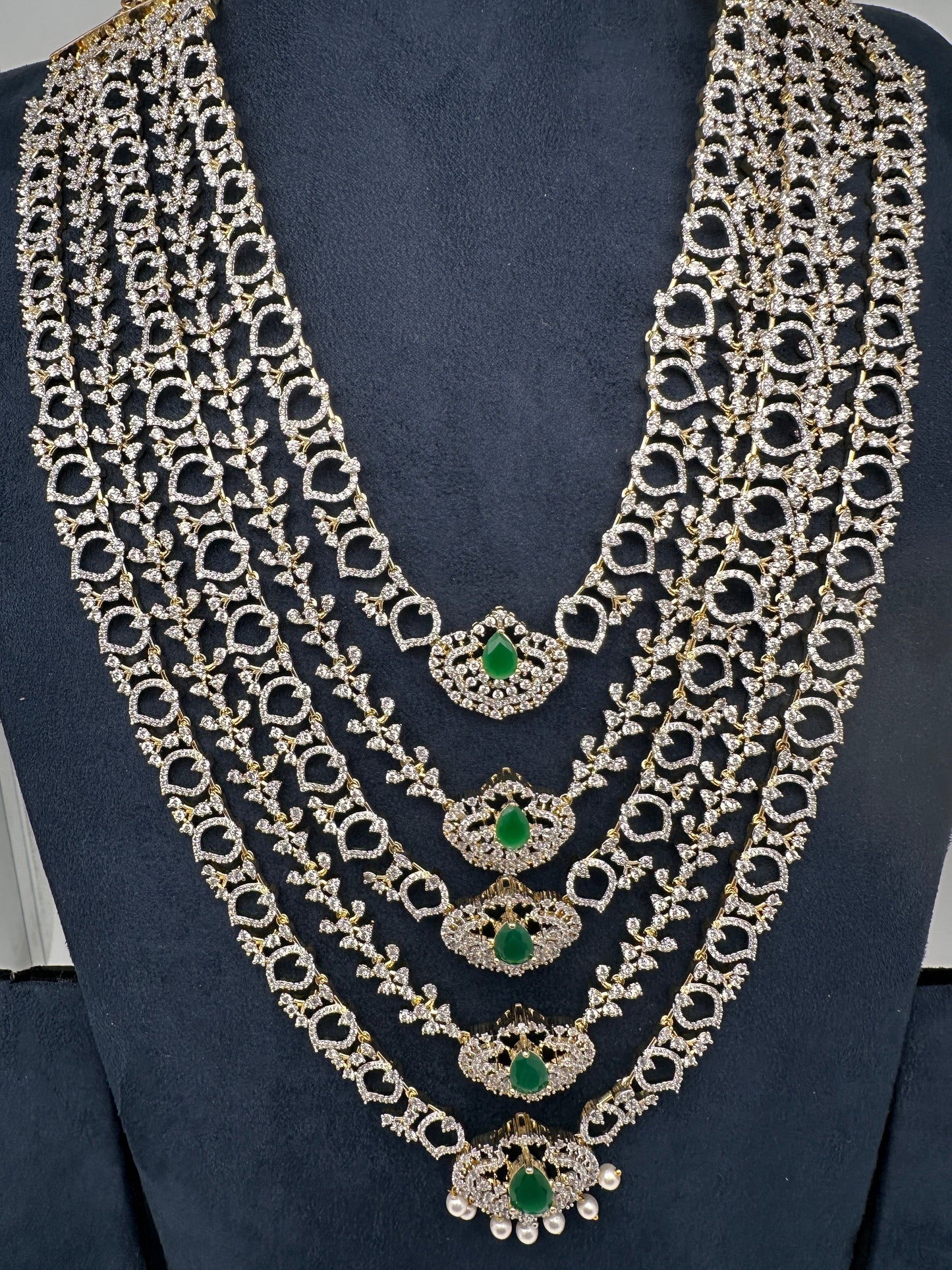 AD Diamond Finish Emerald Green Panch Lada Long  Necklace
