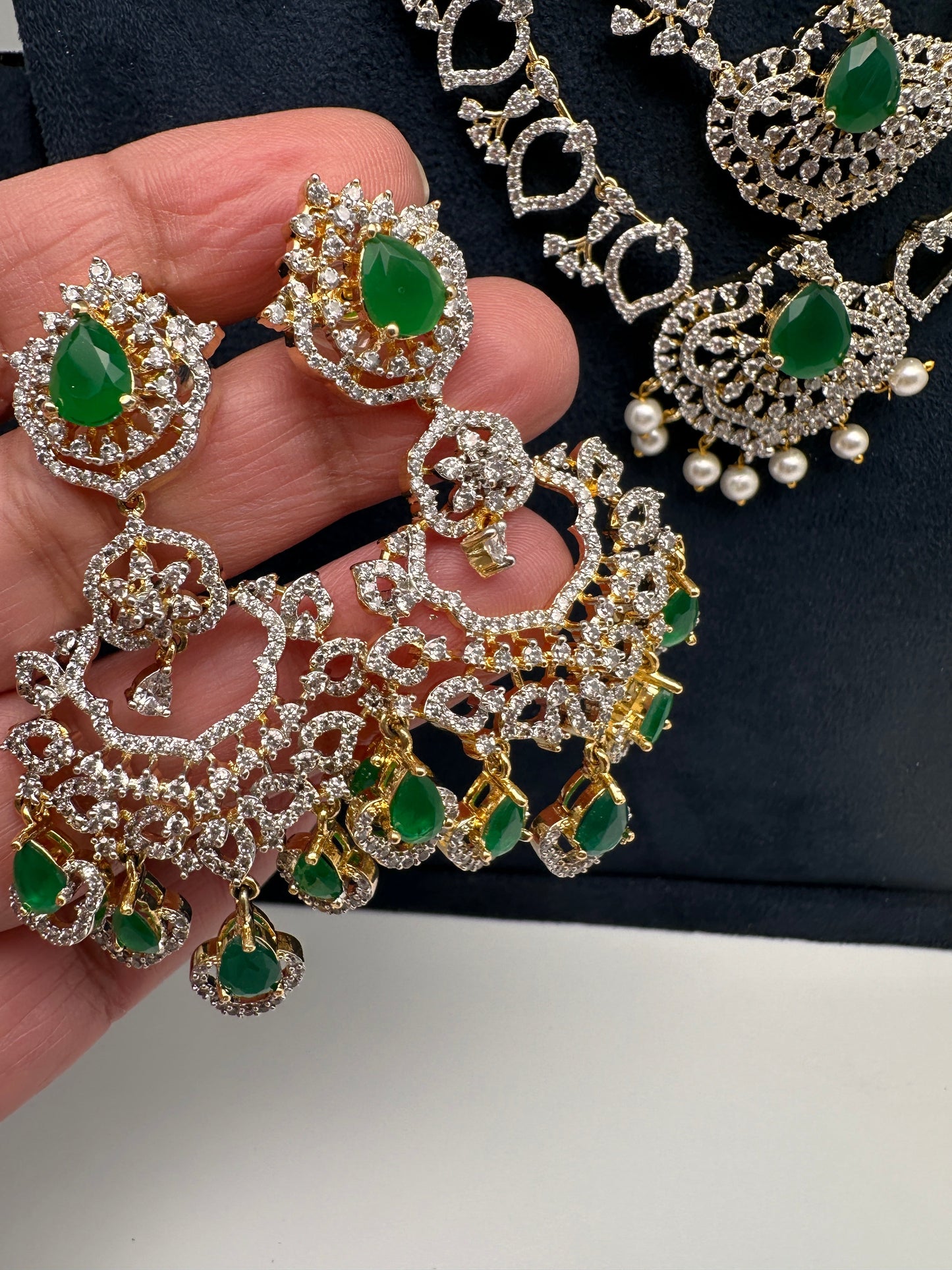 AD Diamond Finish Emerald Green Panch Lada Long  Necklace