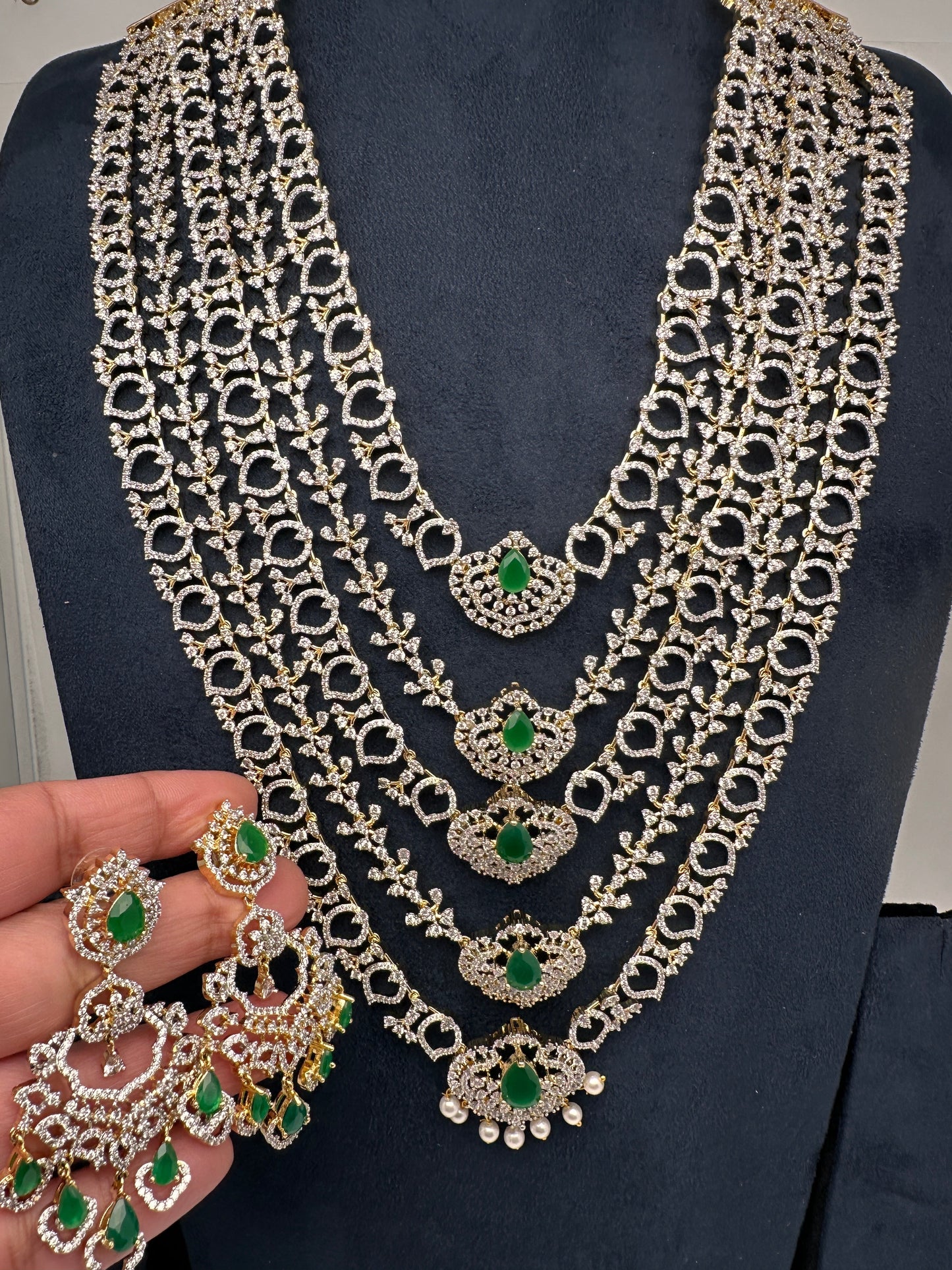 AD Diamond Finish Emerald Green Panch Lada Long  Necklace