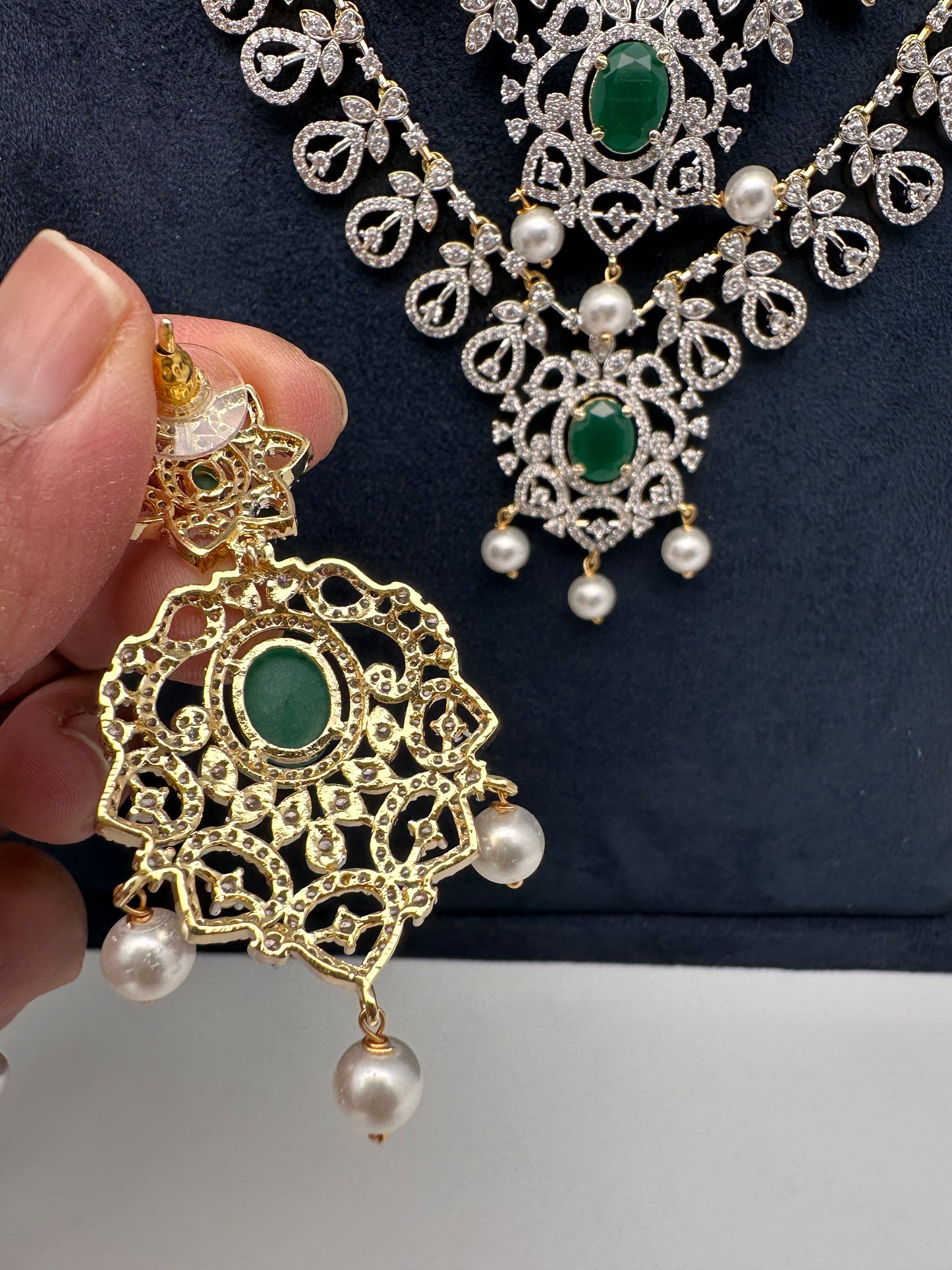 AD Diamond Finish Emerald Green Panch Lada Long  Necklace