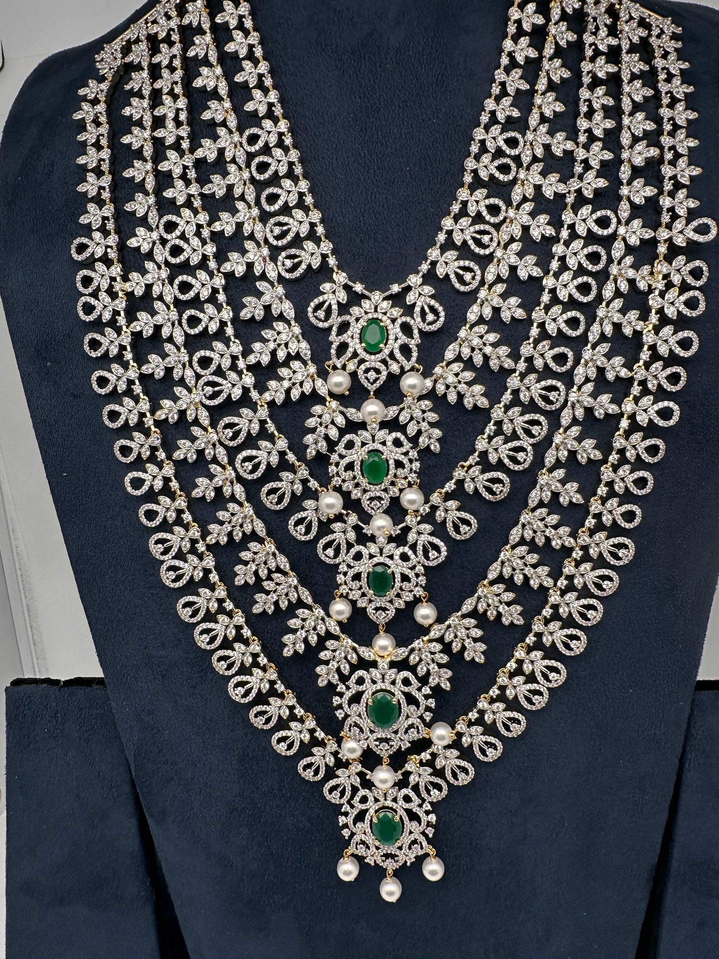 AD Diamond Finish Emerald Green Panch Lada Long  Necklace