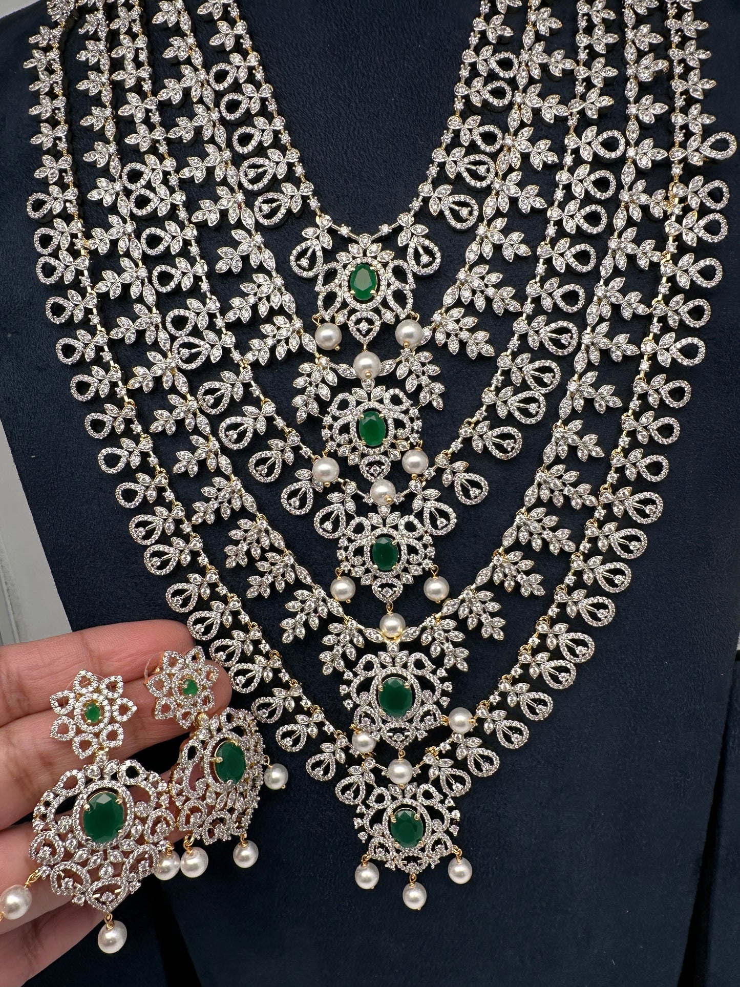 AD Diamond Finish Emerald Green Panch Lada Long  Necklace