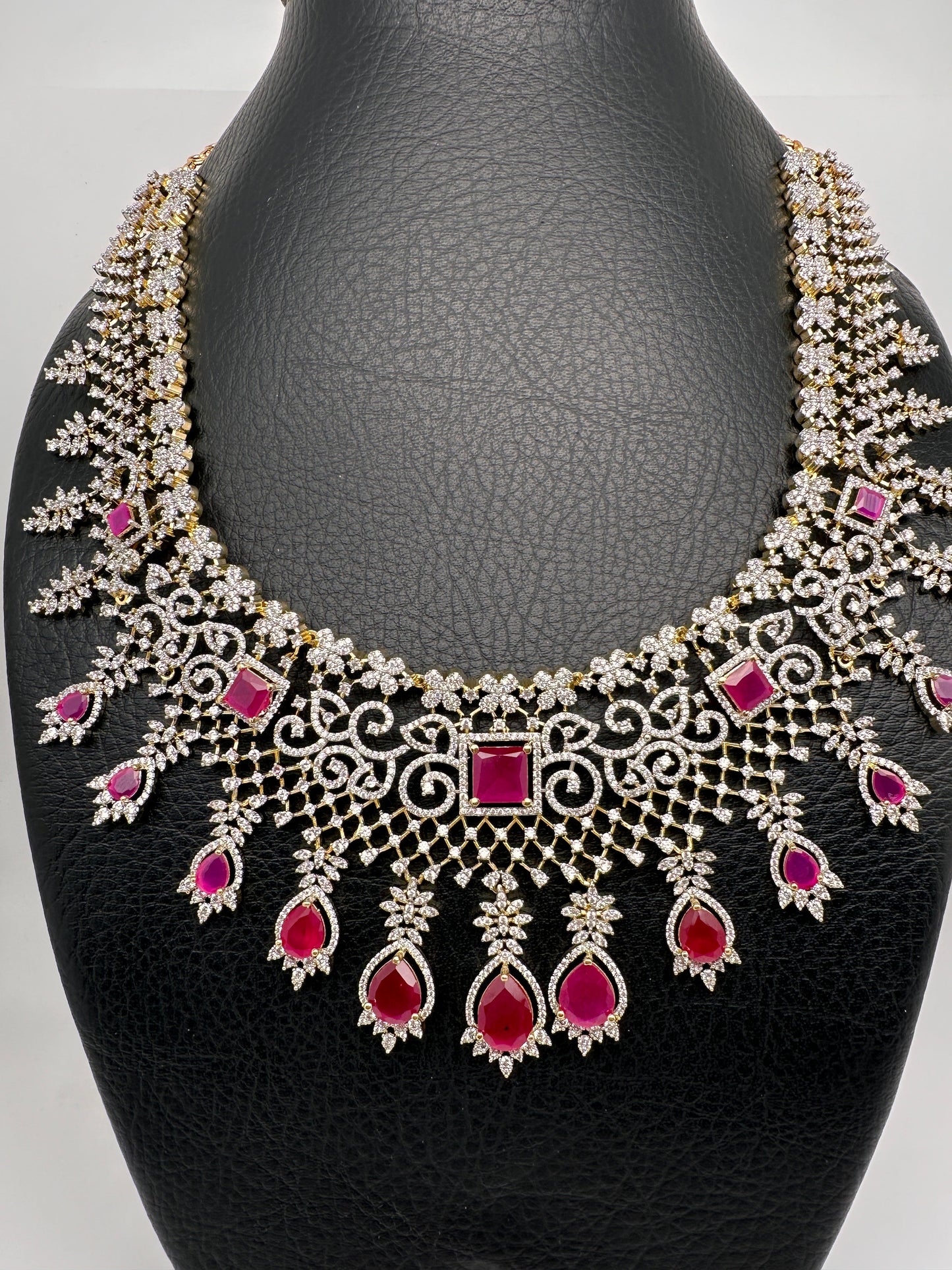 AD Color Stone Broad Short Necklace - Red