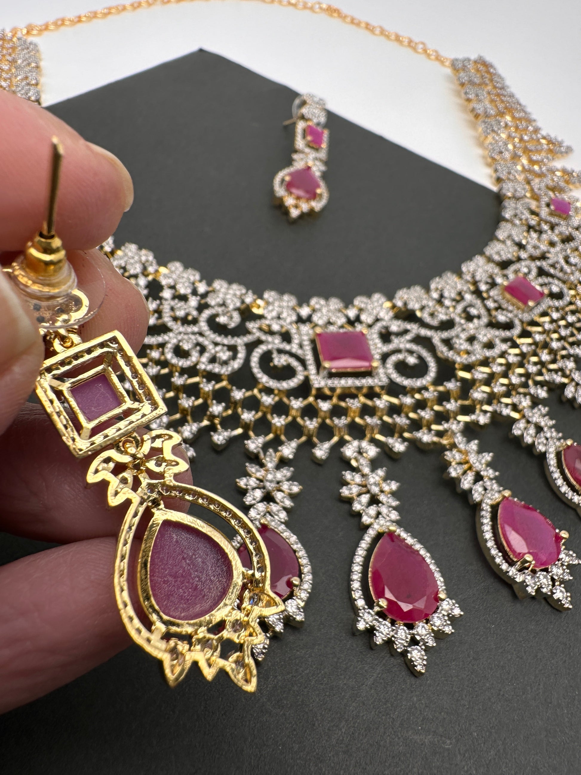 AD Color Stone Broad Short Necklace - Red