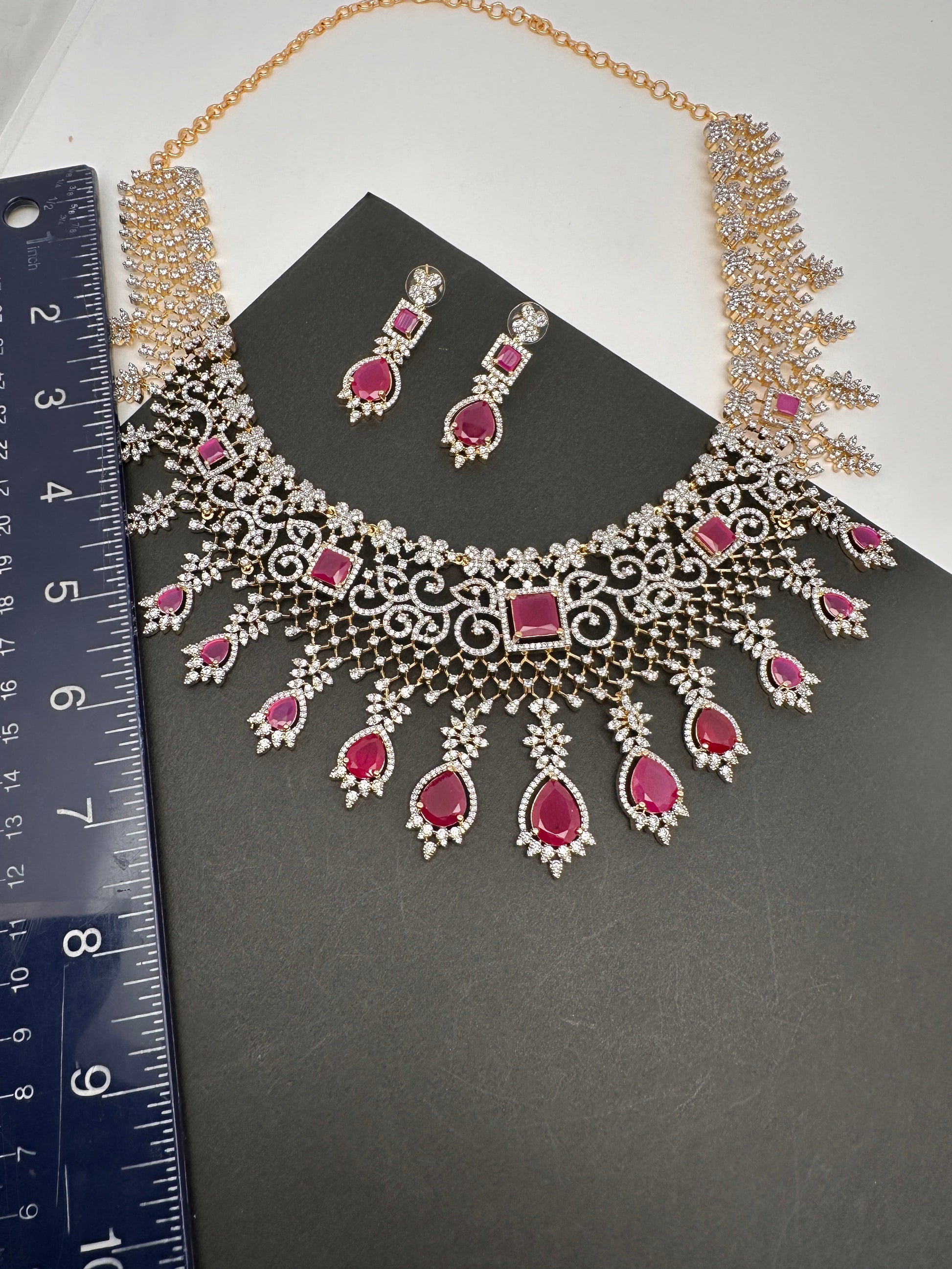 AD Color Stone Broad Short Necklace - Red