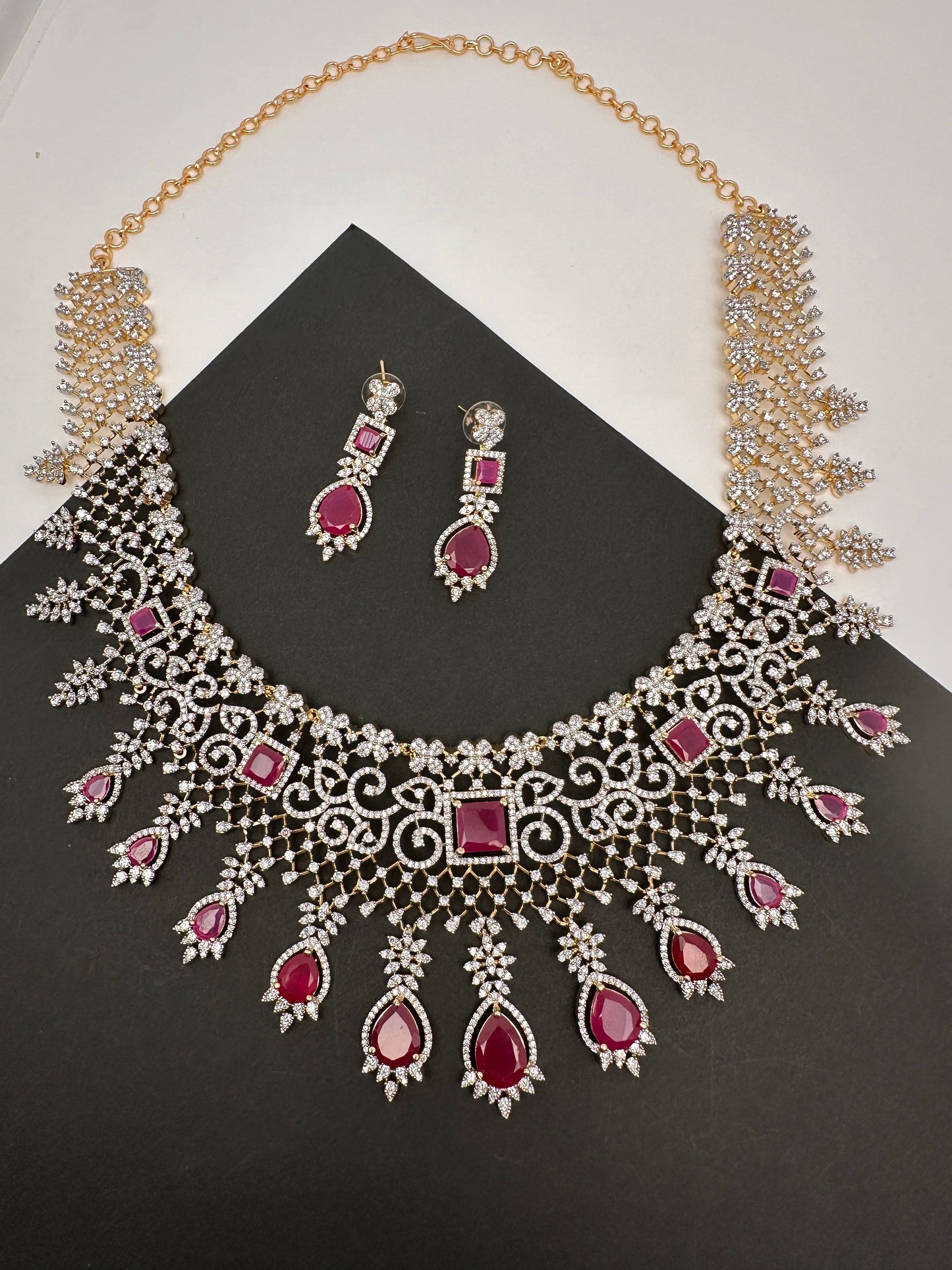 AD Color Stone Broad Short Necklace - Red