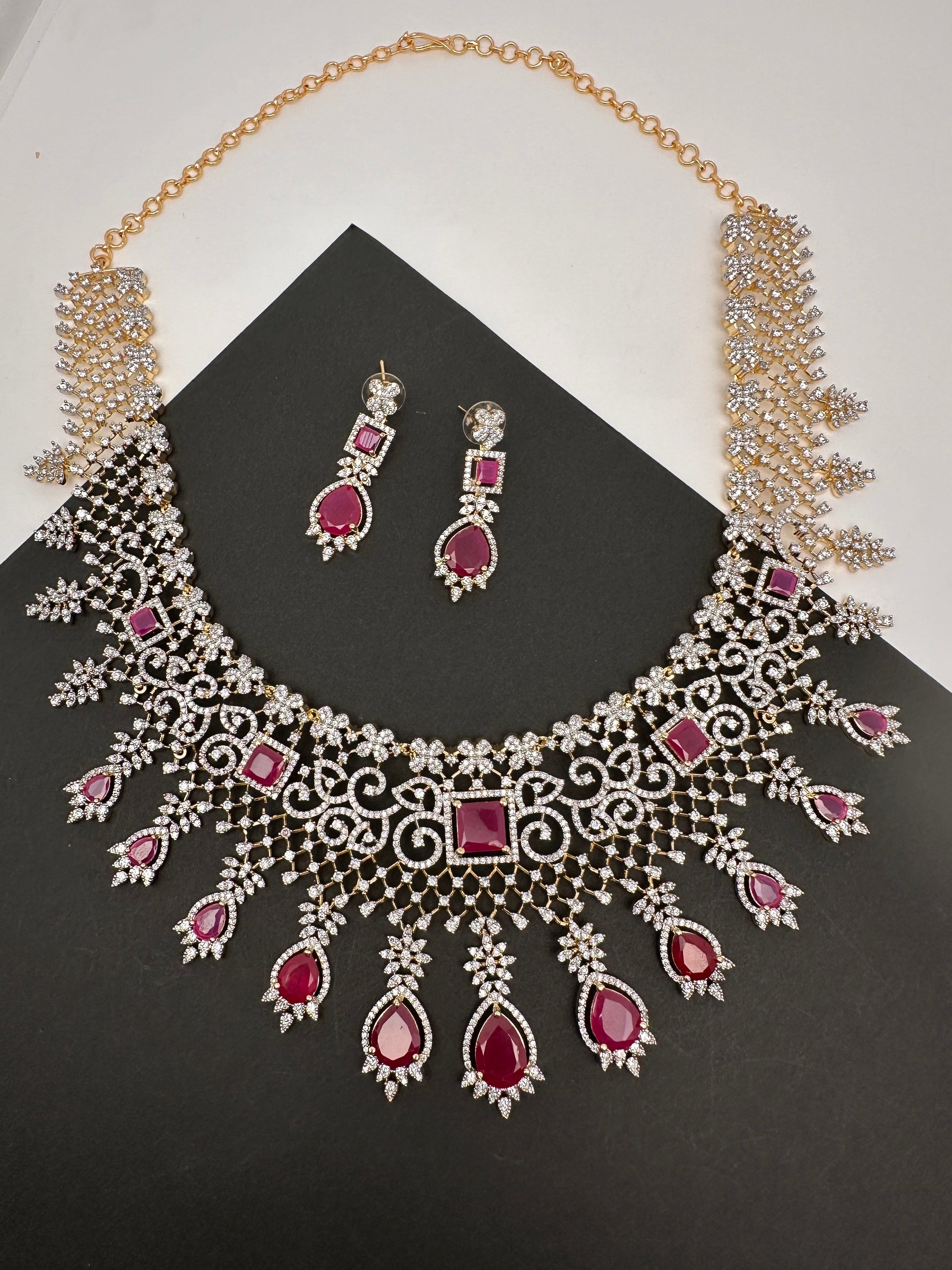 AD Color Stone Broad Short Necklace - Red