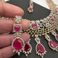 AD Color Stone Broad Short Necklace - Red