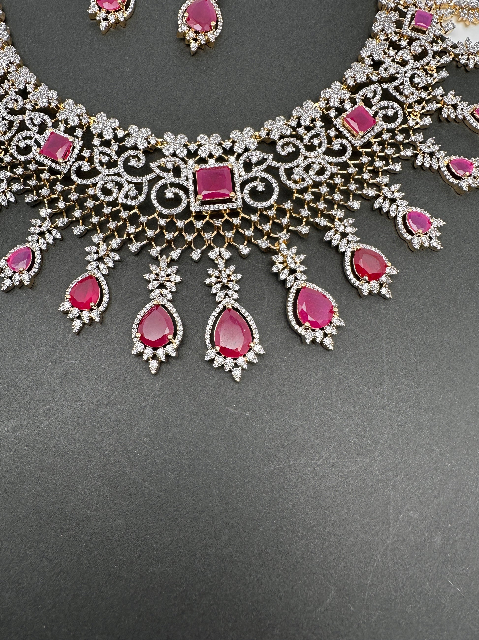 AD Color Stone Broad Short Necklace - Red