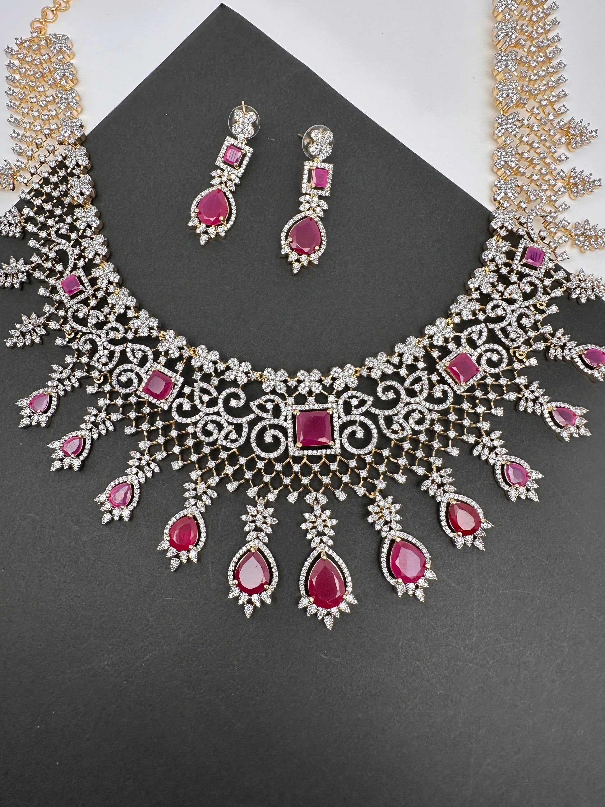 AD Color Stone Broad Short Necklace - Red
