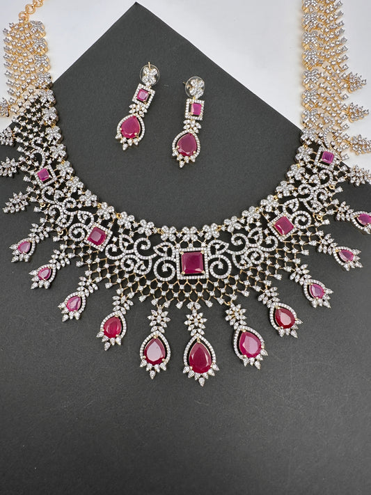 AD Color Stone Broad Short Necklace - Red
