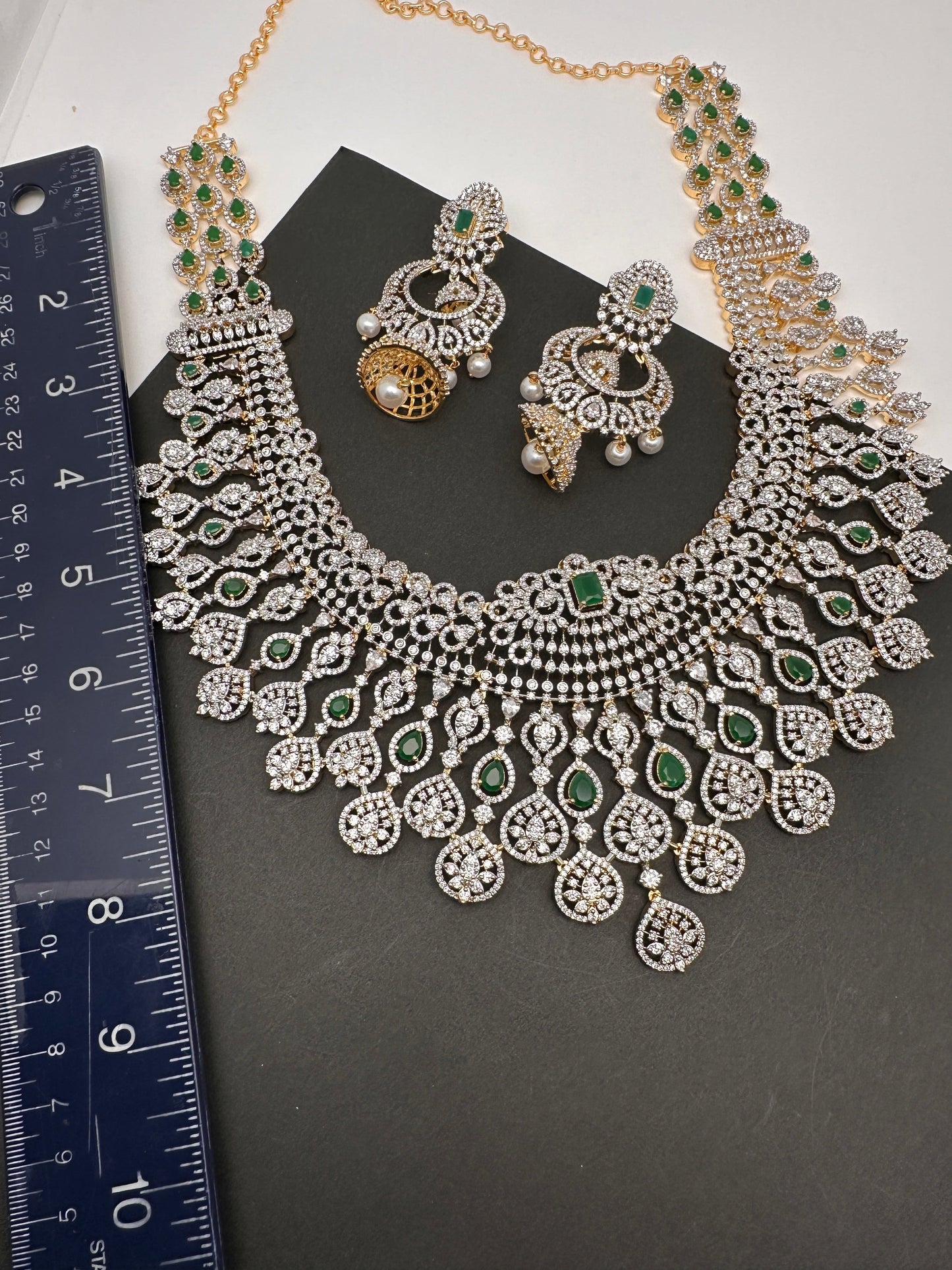 AD Color Stone Broad Long Necklace - Green
