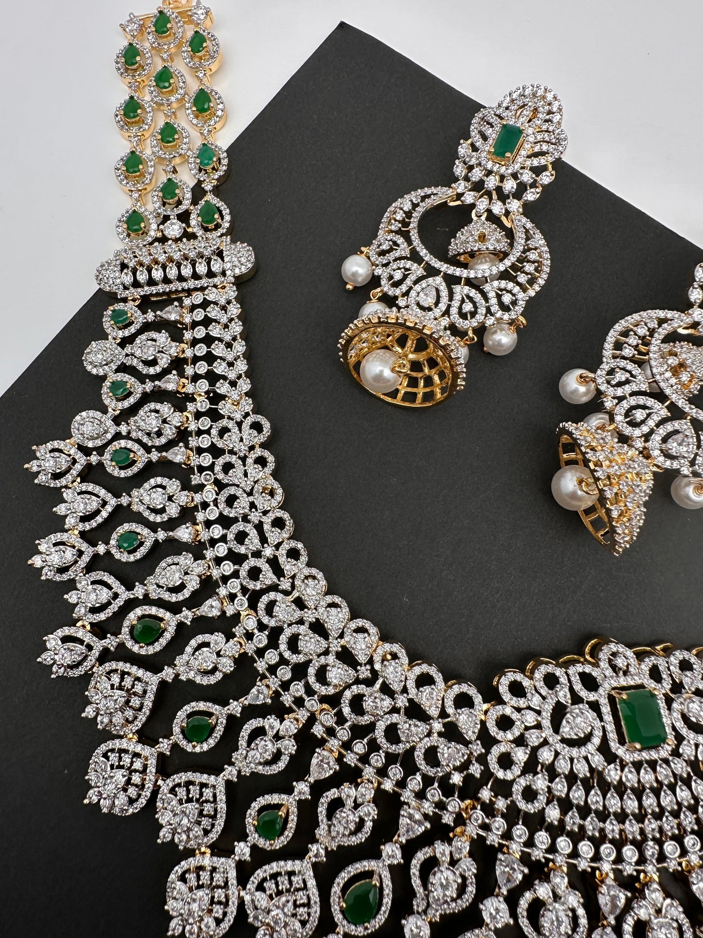 AD Color Stone Broad Long Necklace - Green