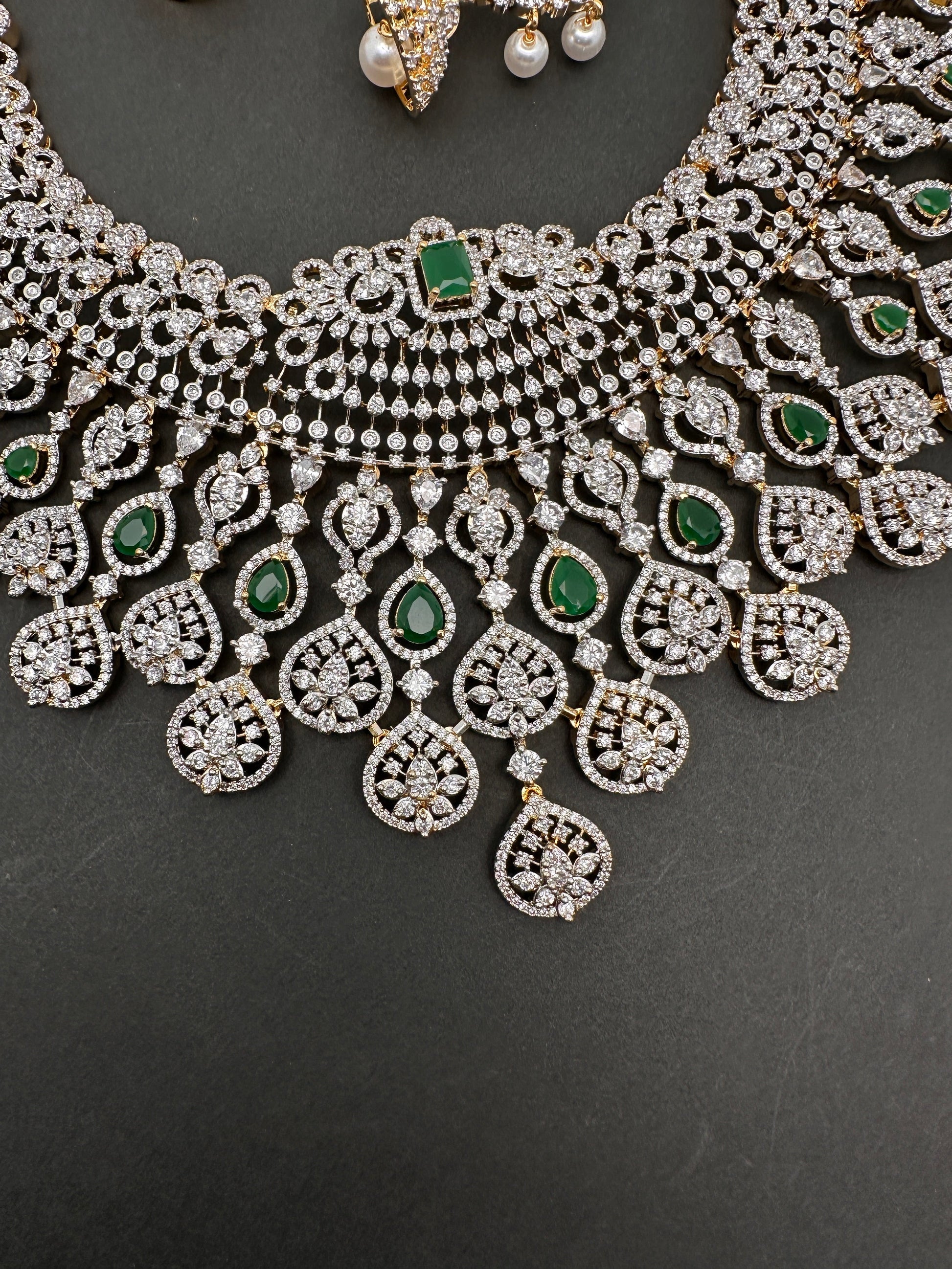 AD Color Stone Broad Long Necklace - Green