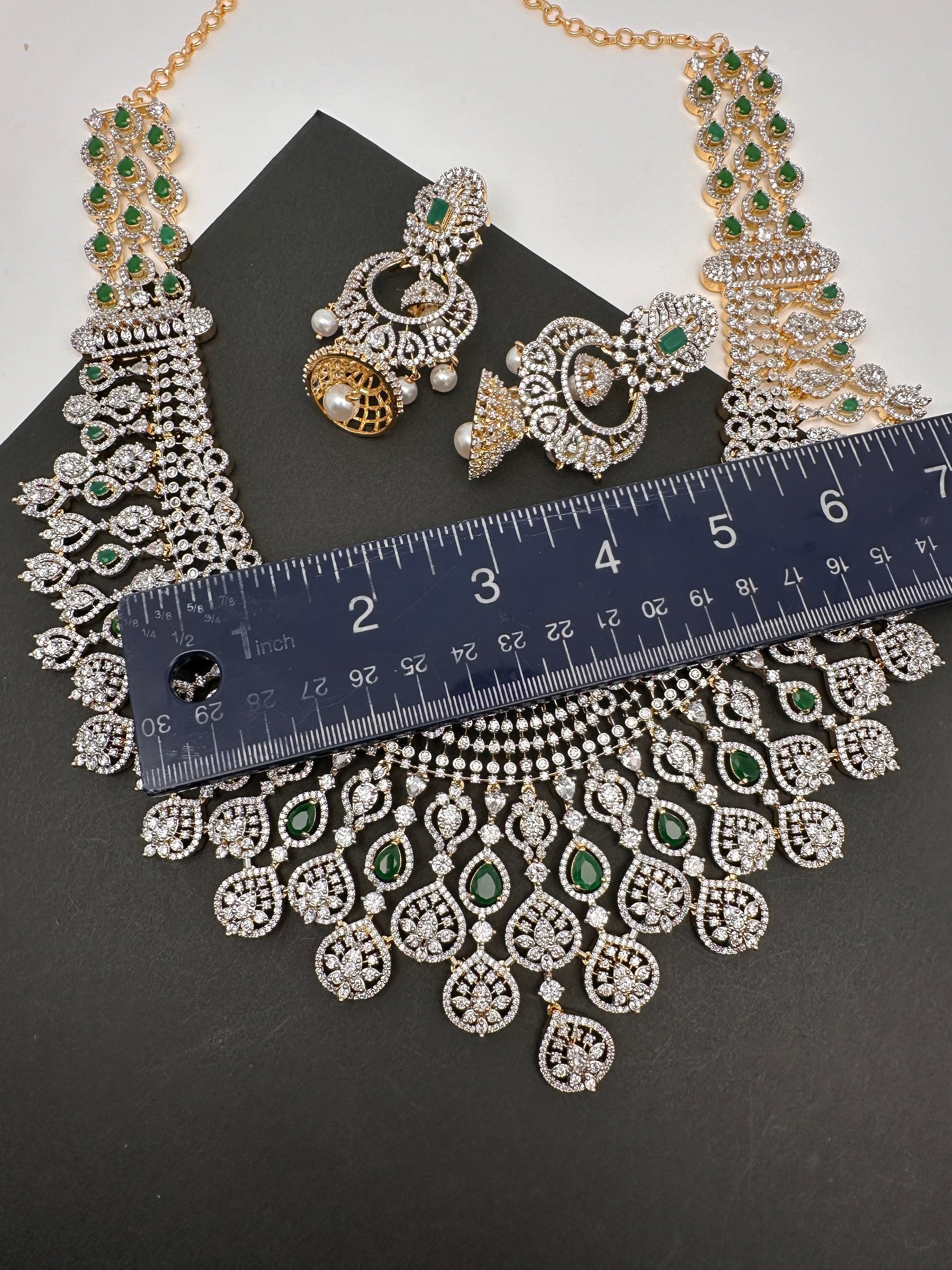 AD Color Stone Broad Long Necklace - Green