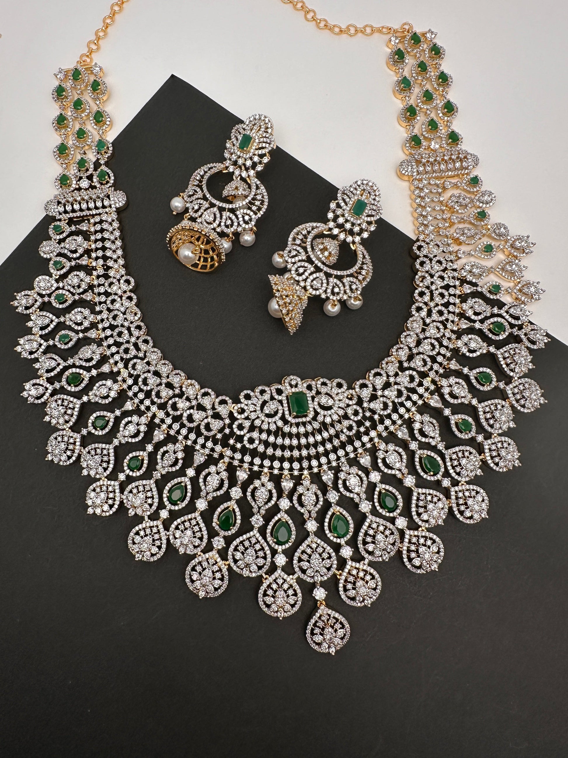 AD Color Stone Broad Long Necklace - Green