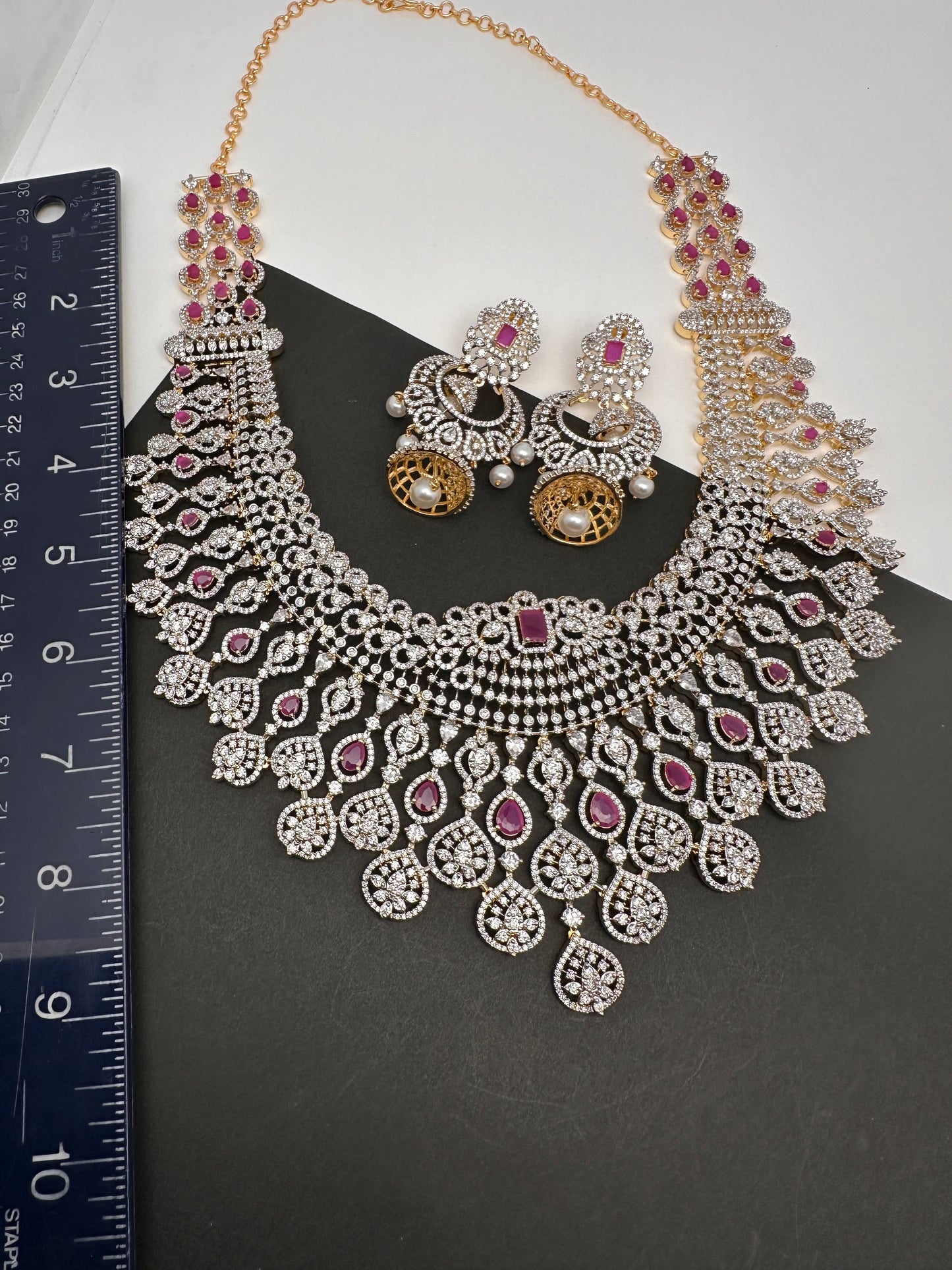 AD Color Stone Broad Long Necklace - Red