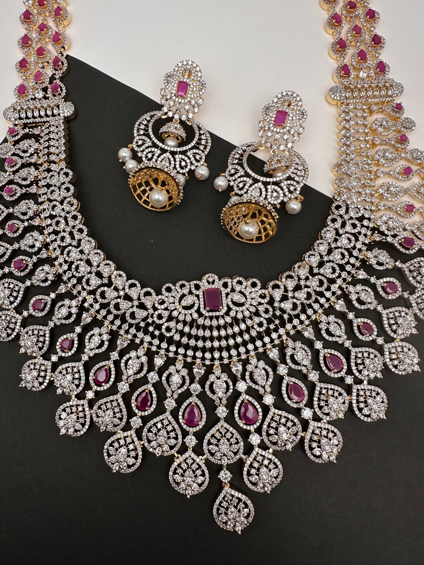 AD Color Stone Broad Long Necklace - Red