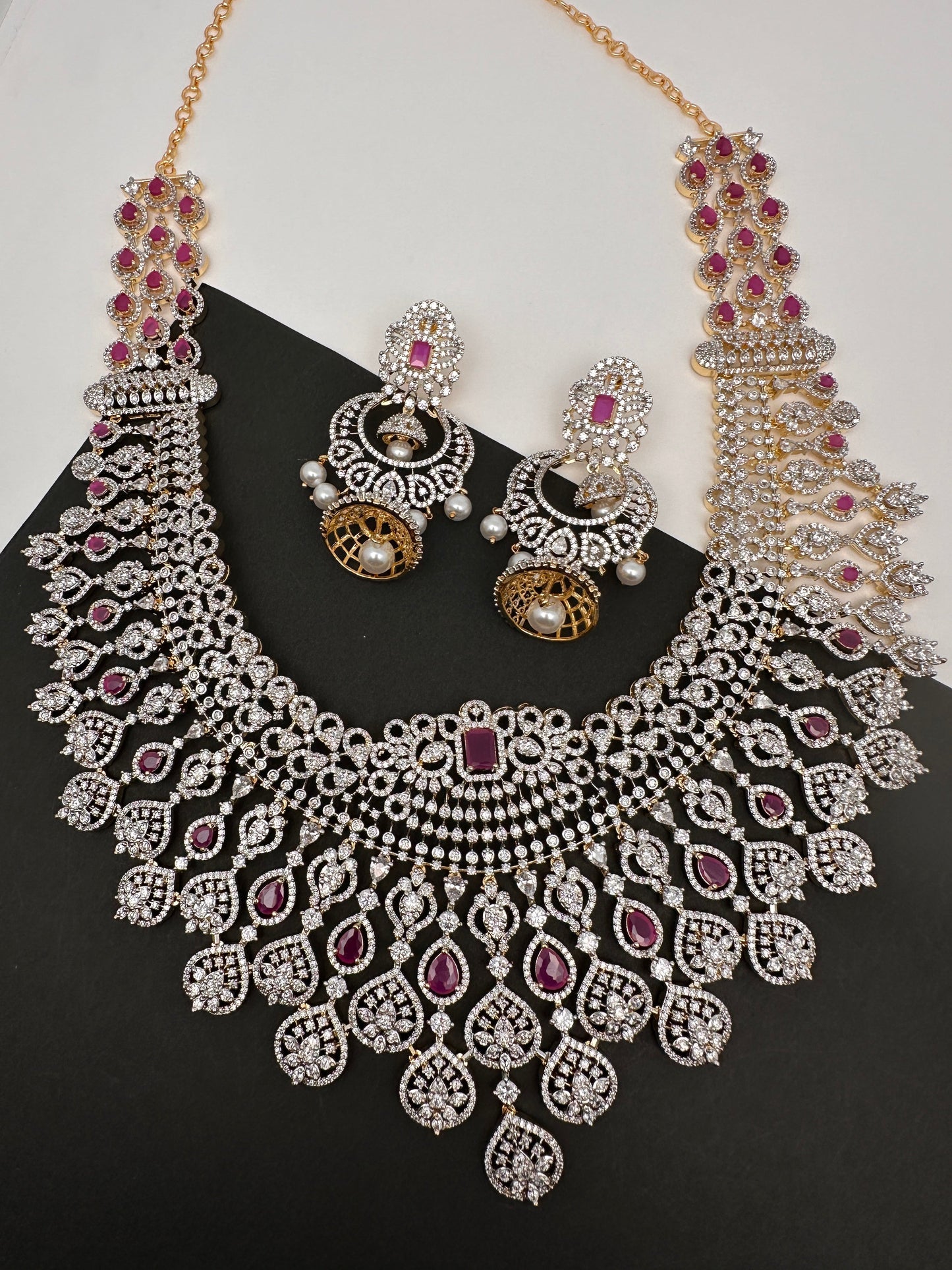 AD Color Stone Broad Long Necklace - Red