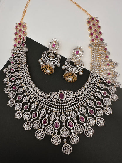AD Color Stone Broad Long Necklace - Red