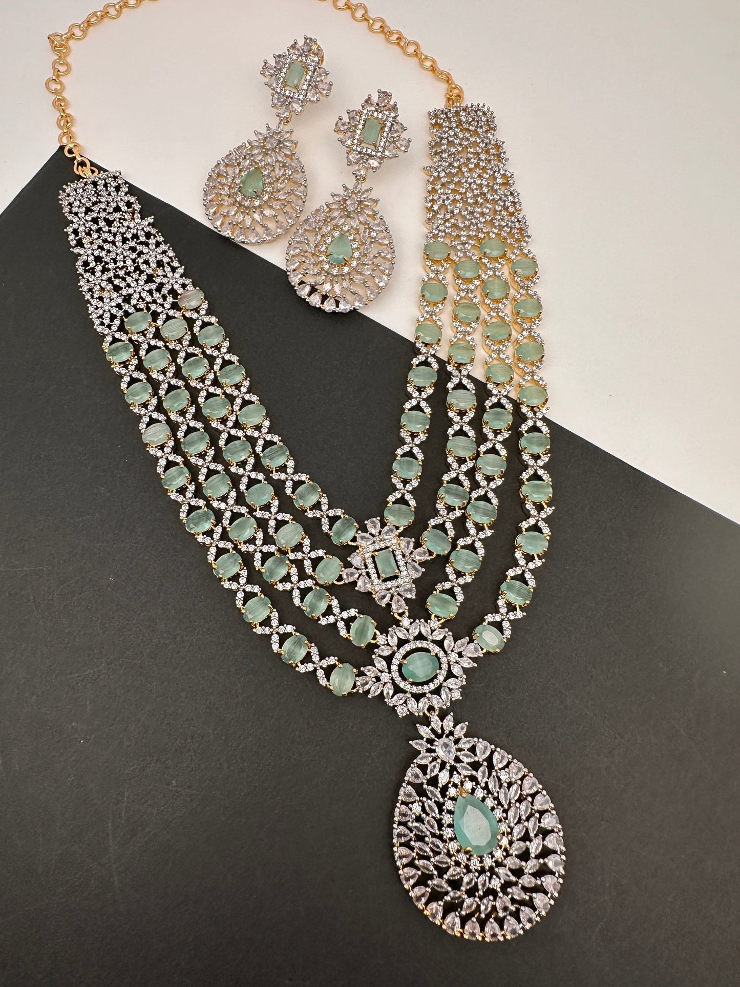 AD Mint Green Multi Layer Long  Necklace