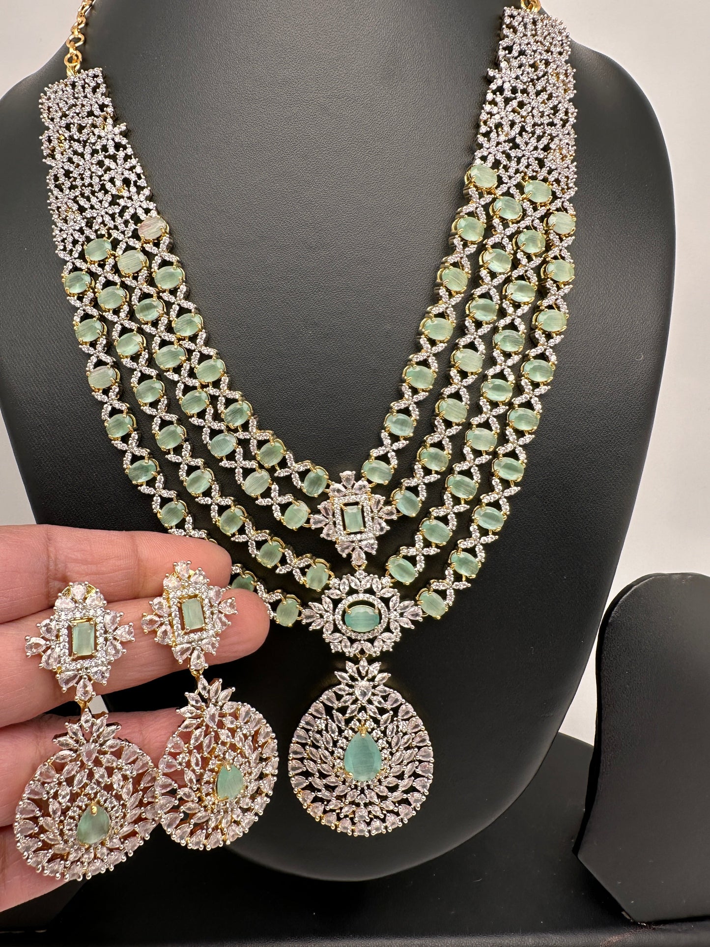 AD Mint Green Multi Layer Long  Necklace