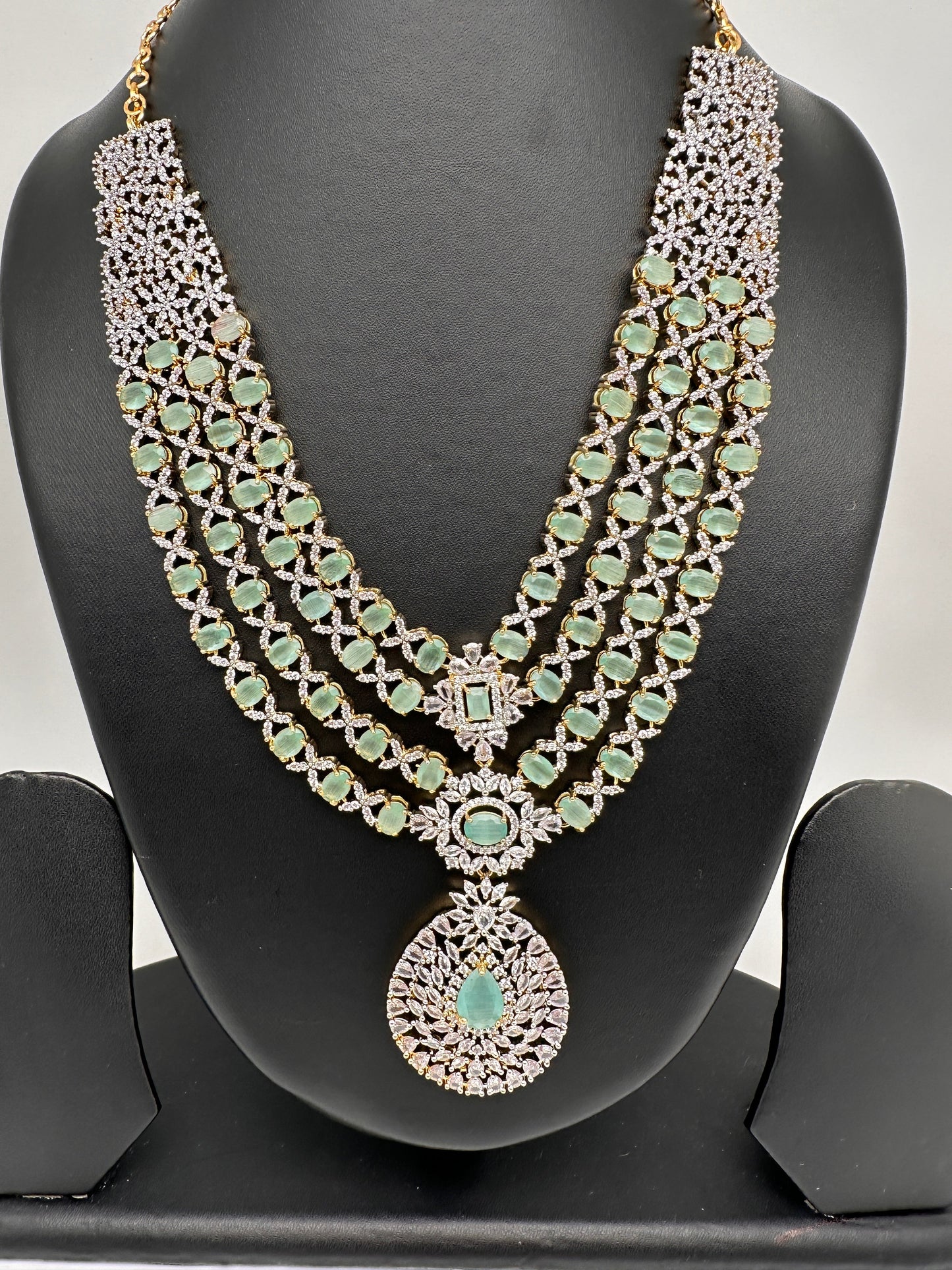 AD Mint Green Multi Layer Long  Necklace