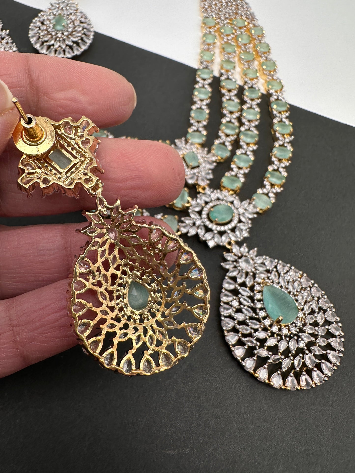 AD Mint Green Multi Layer Long  Necklace
