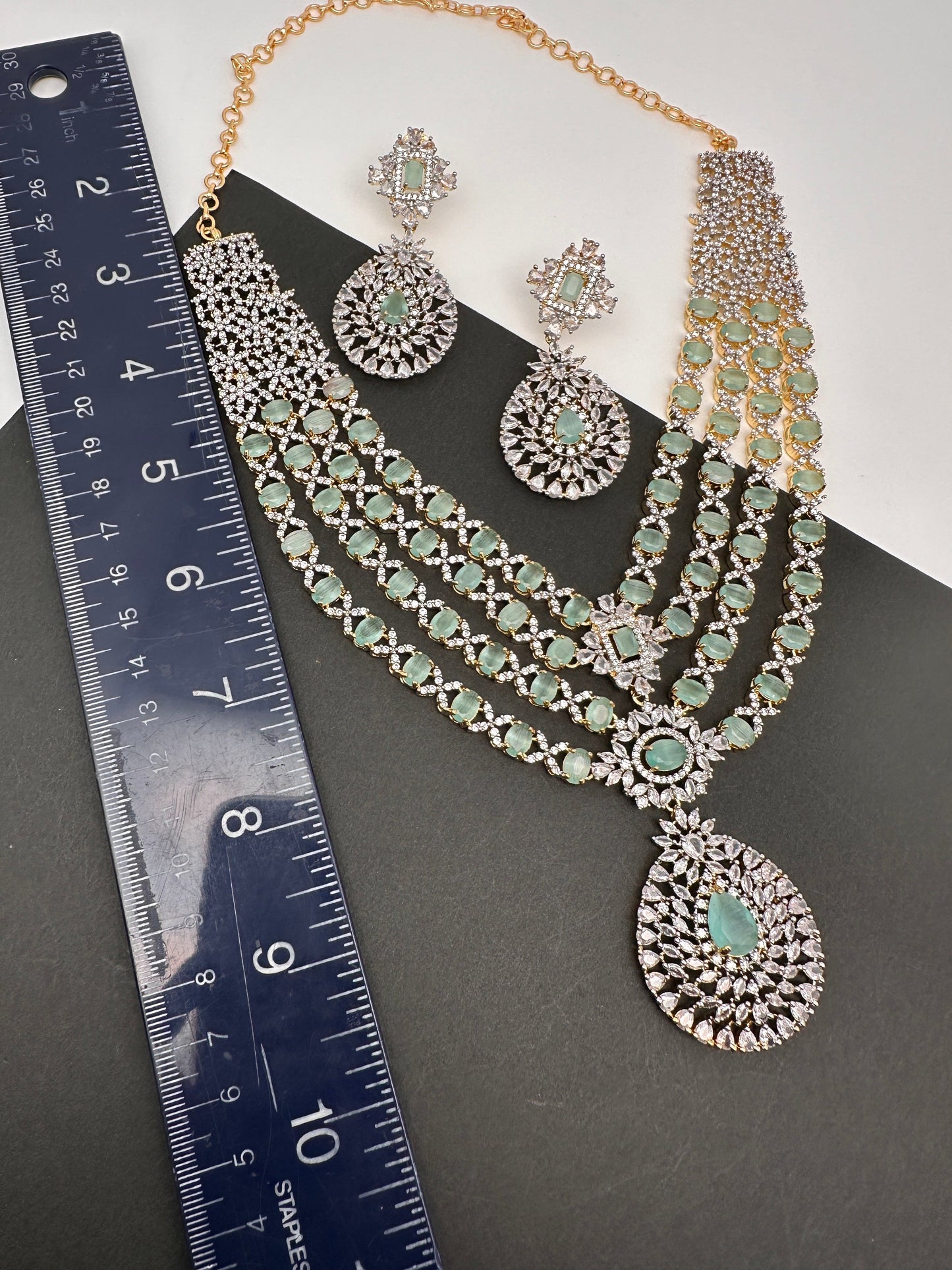 AD Mint Green Multi Layer Long  Necklace