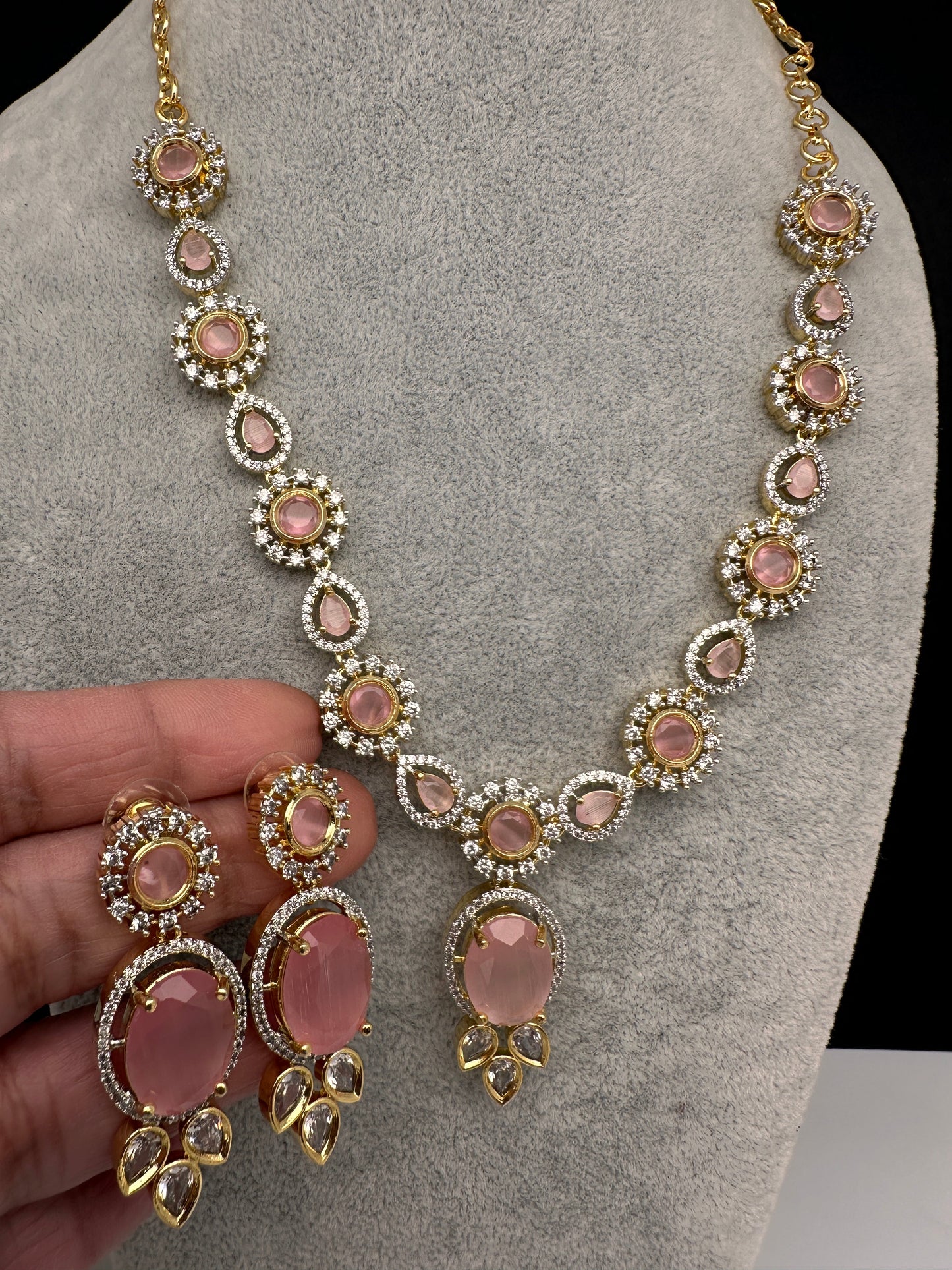 AD Color Stone Dainty Short Necklace - pink