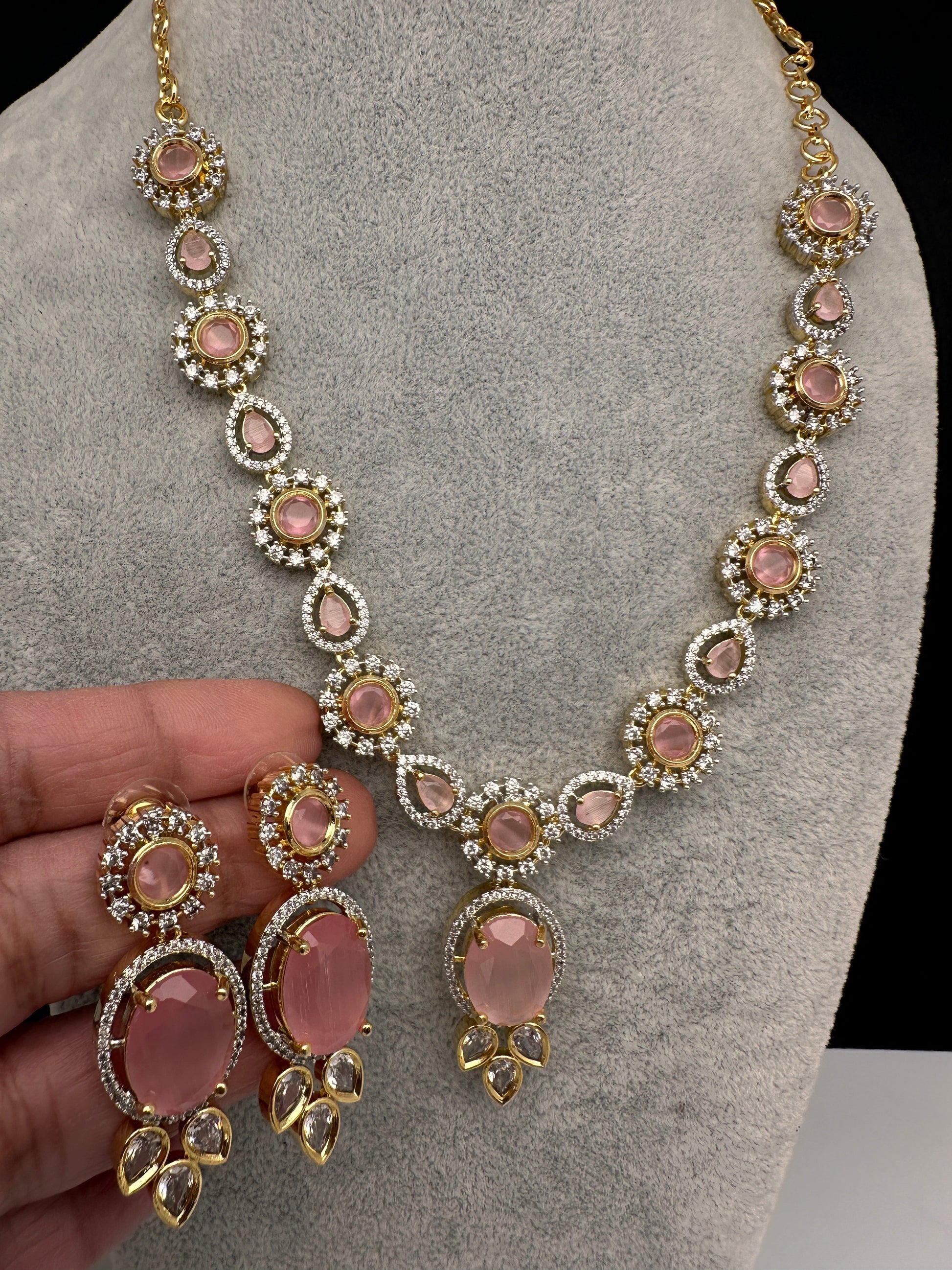 AD Color Stone Dainty Short Necklace - pink