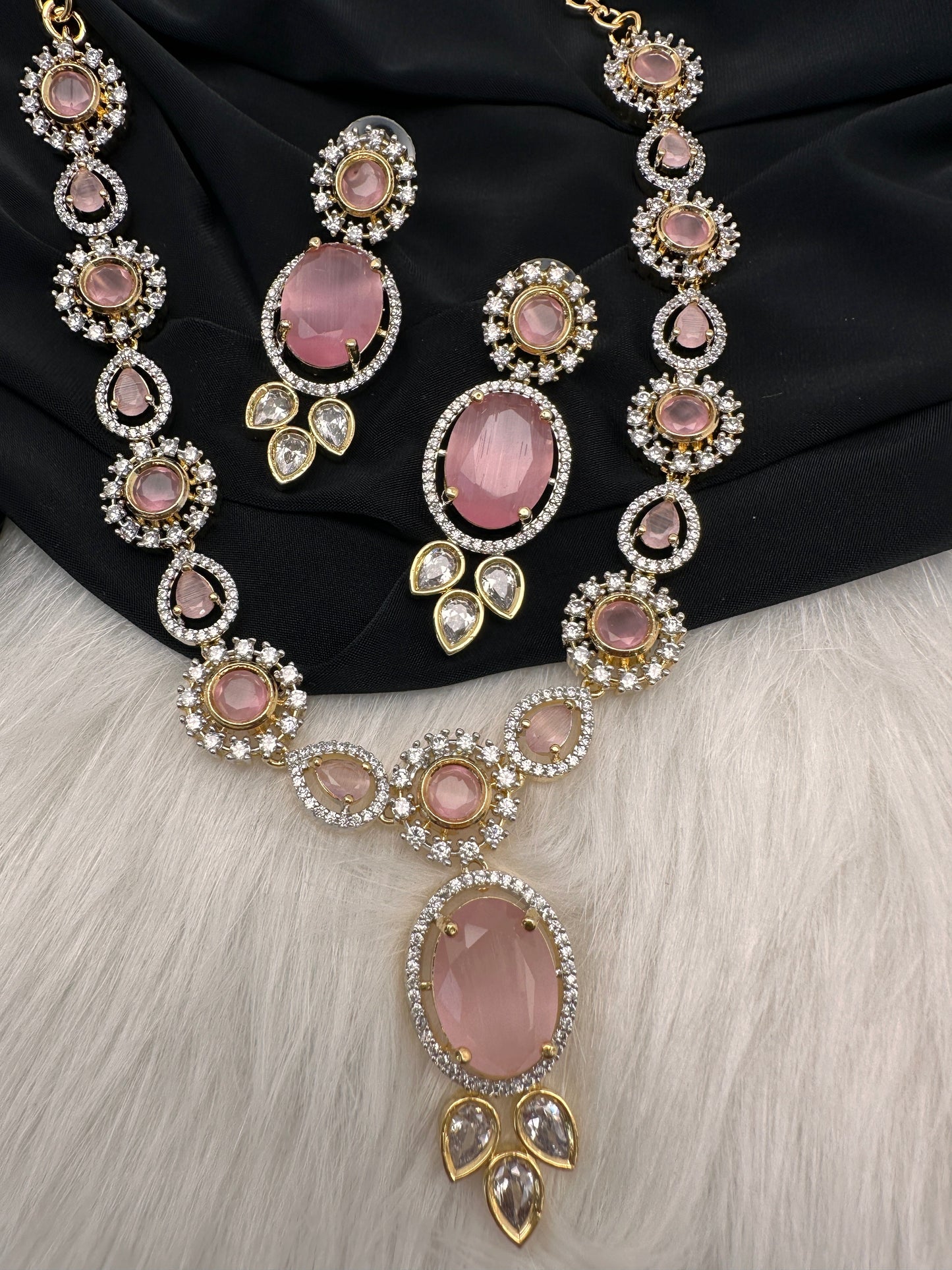 AD Color Stone Dainty Short Necklace - pink