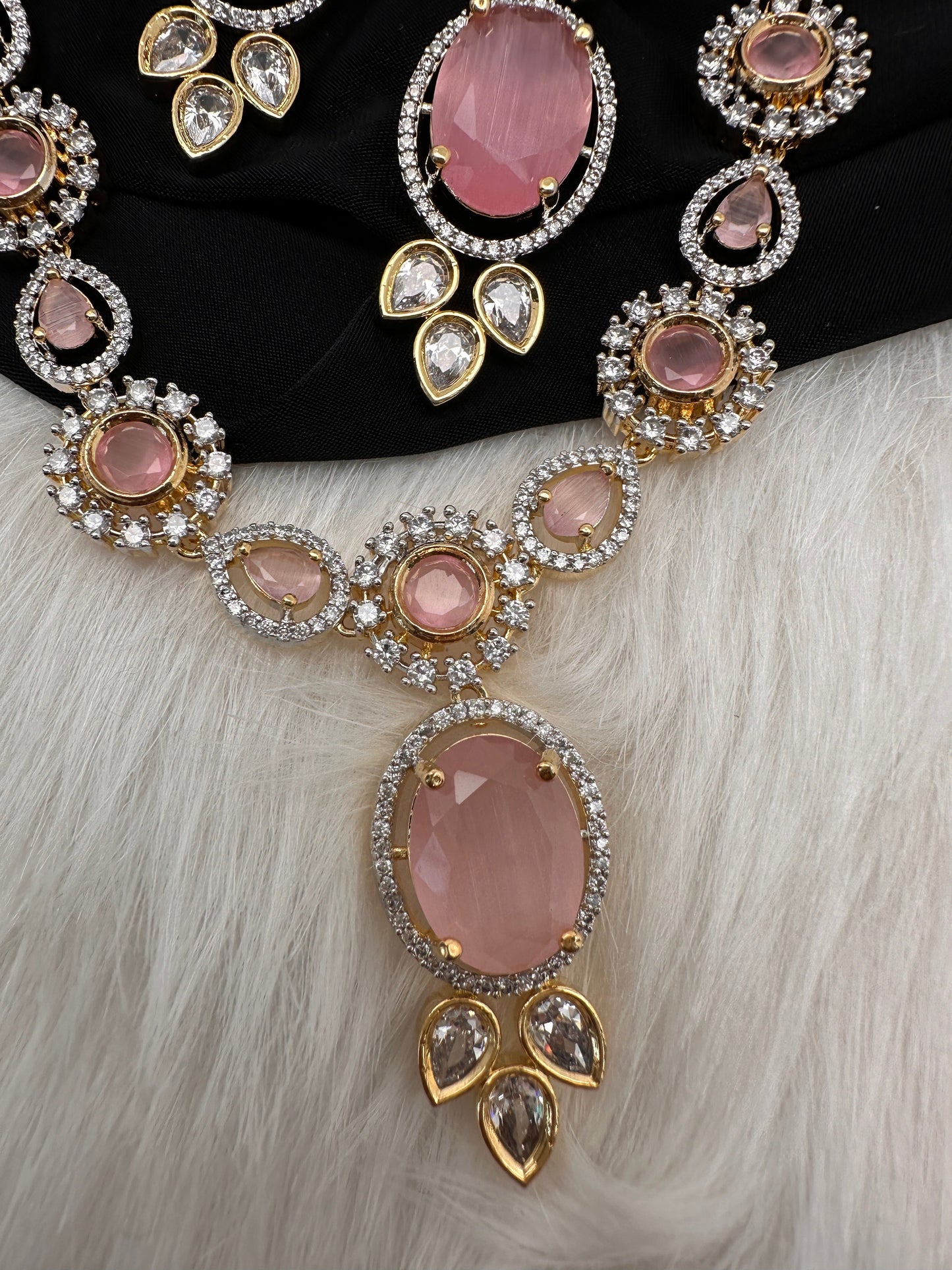 AD Color Stone Dainty Short Necklace - pink