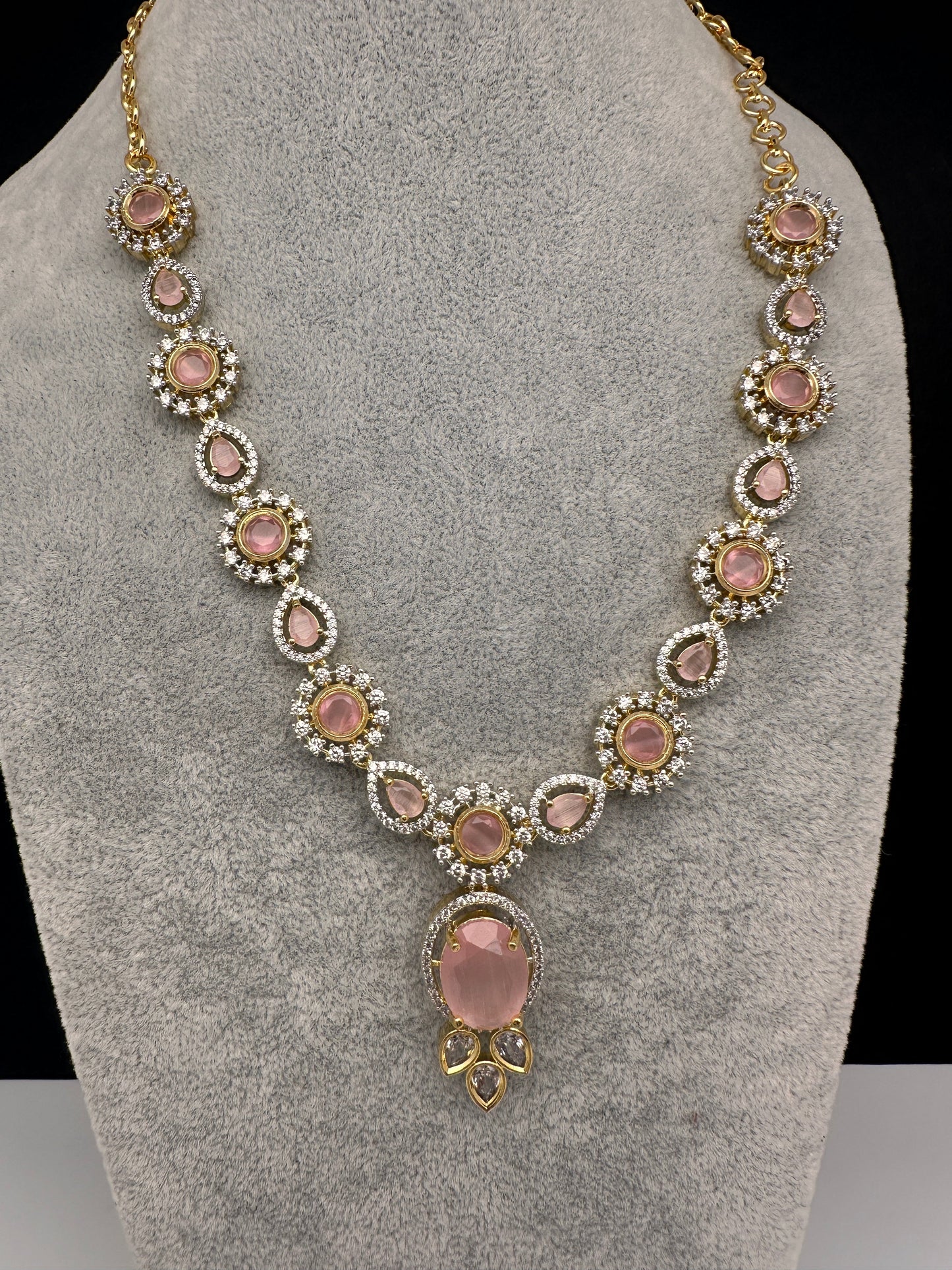 AD Color Stone Dainty Short Necklace - pink