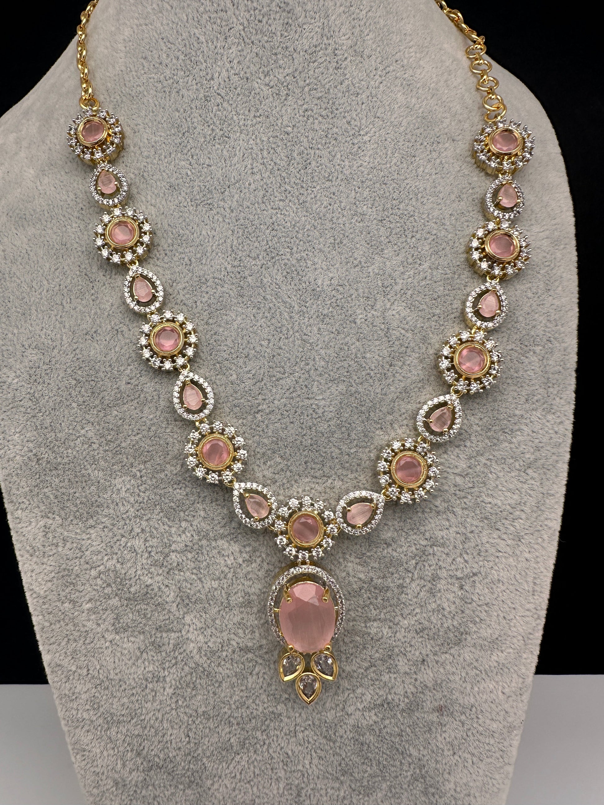 AD Color Stone Dainty Short Necklace - pink